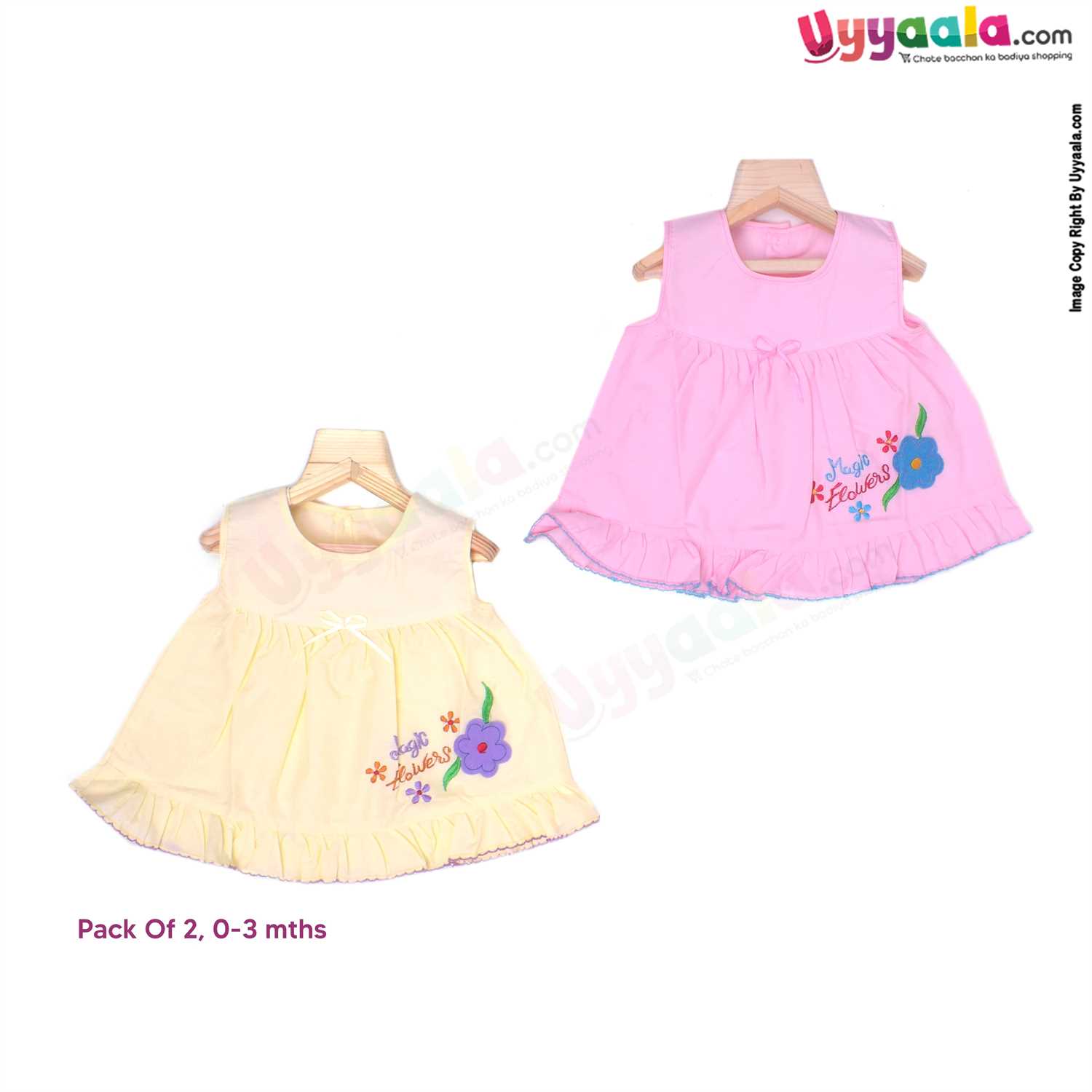 Half Sleeve Baby Frock Back Open Button model , Premium Quality Soft Hosiery Cotton Flower Print 2 Pack - Pink & Yellow (0-3M)
