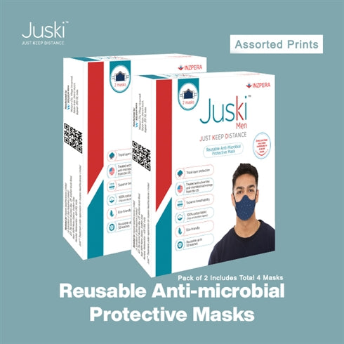 JUSKI Reusable & Eco Friendly Cotton Face Masks with Triple Layer Protection for Men - 2pcs (Assorted Prints) - Pack Of 2