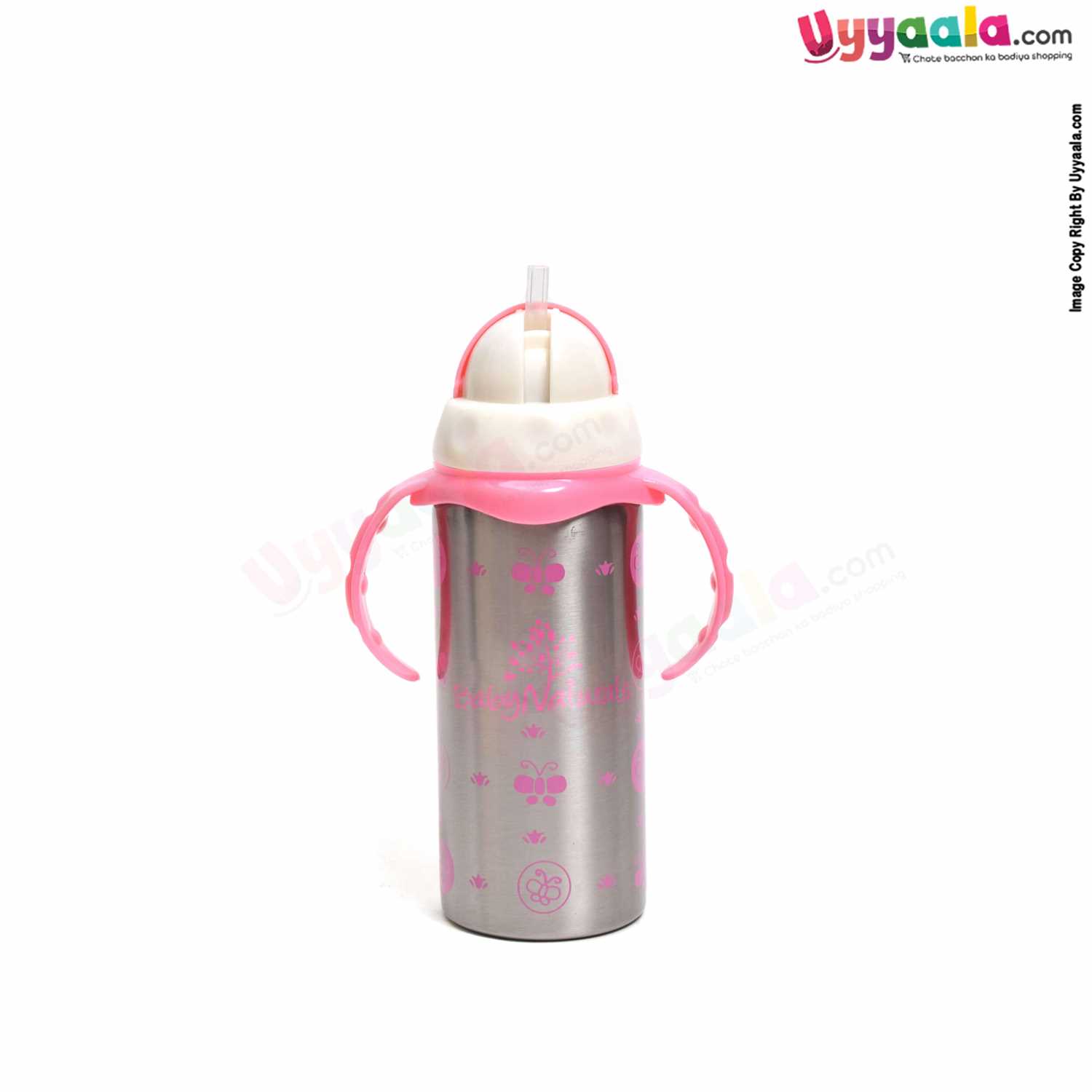 BABY NATURALS Stainless Steel Twin Handle Baby Feeding Bottle With Open top Straw model 240ml