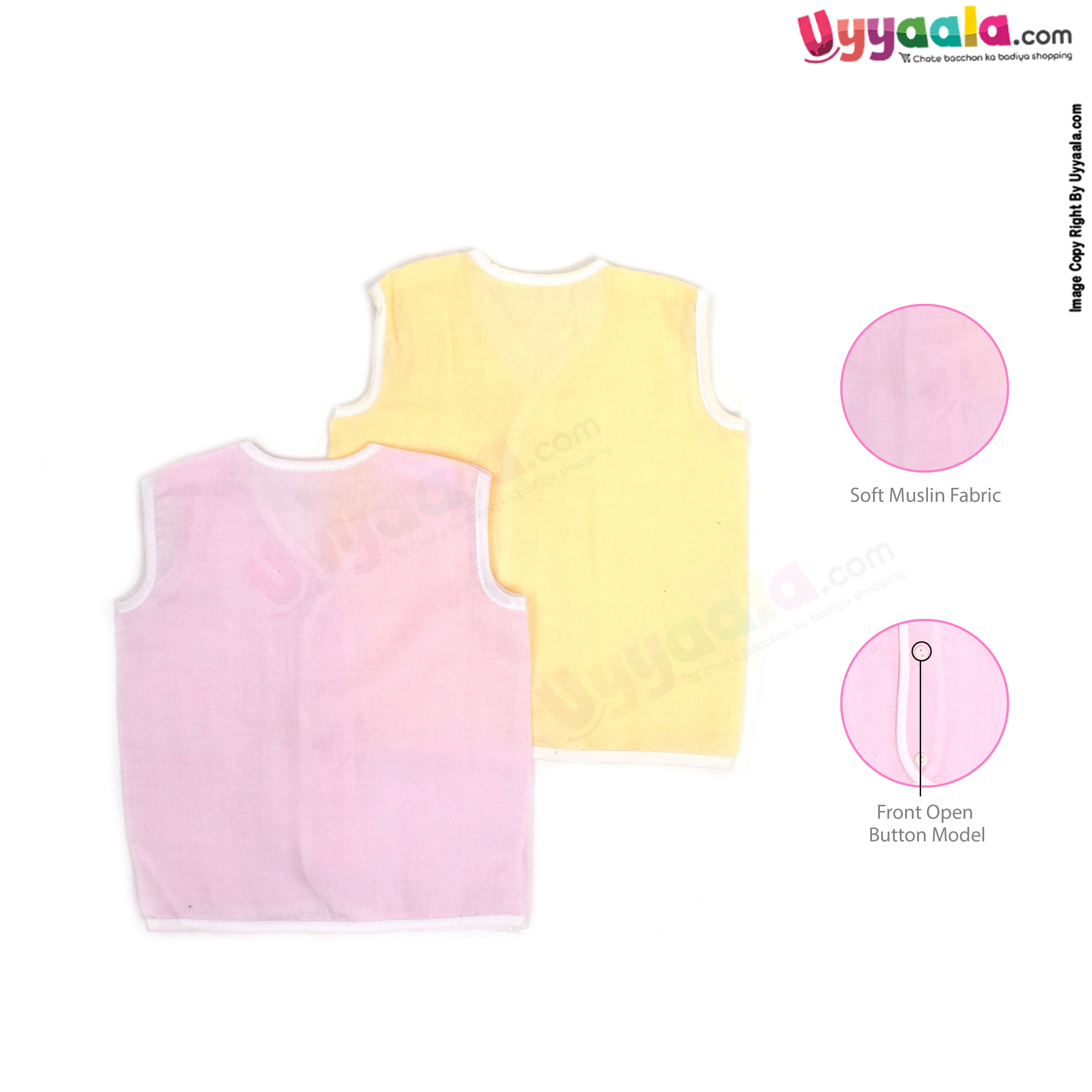 POLAR CUBS Sleeveless Baby Jabla Set, Front Opening Button Model, Premium Quality Muslin Cotton Baby Wear, 2 Pack - Yellow & Pink