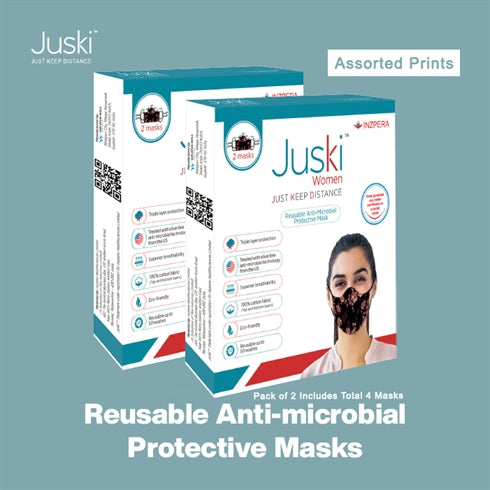 JUSKI Reusable & Eco Friendly Cotton Face Masks with Triple Layer Protection for Women - 2pcs (Assorted Prints)- Pack Of 2