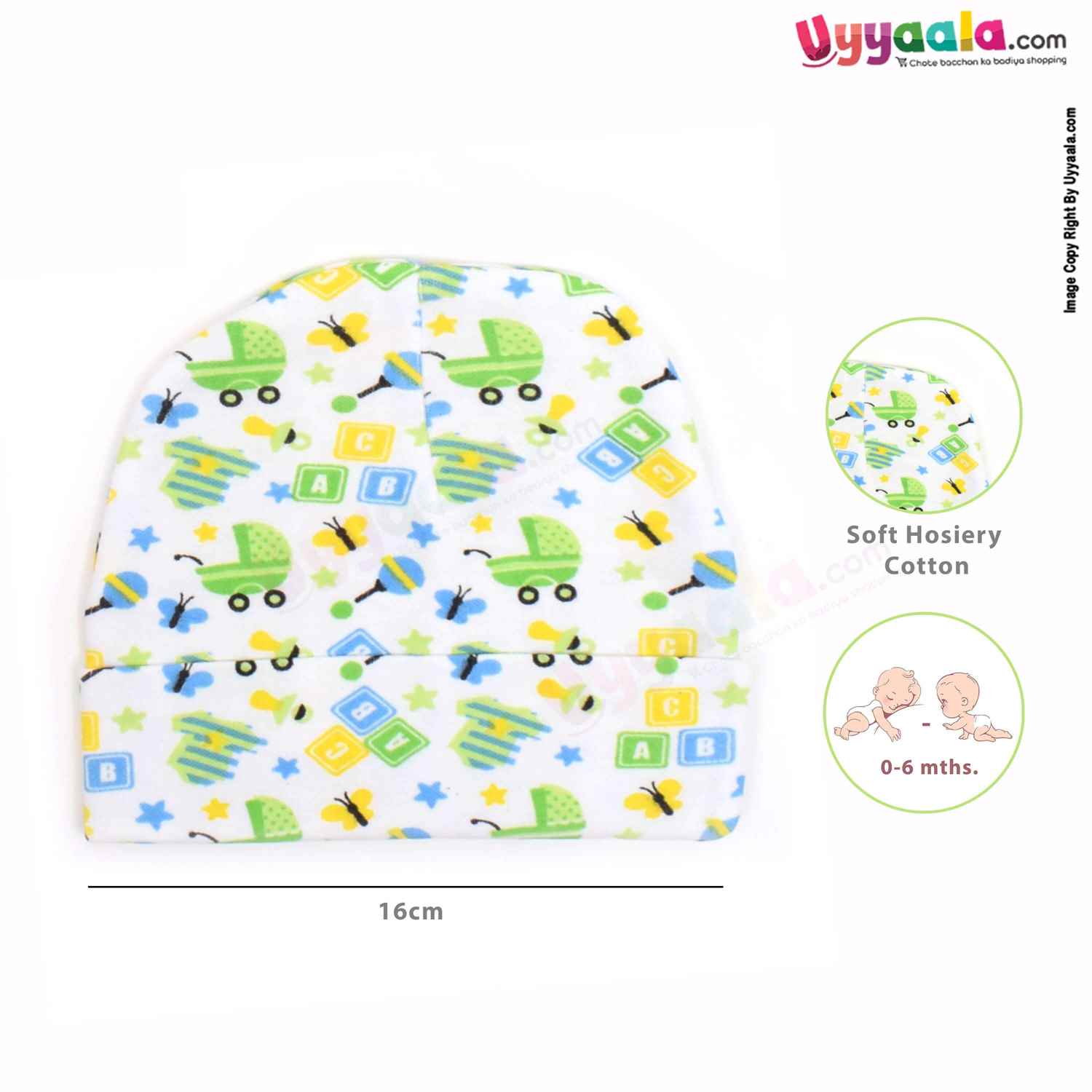 Fancy Round Cap for Babies with Stretchable Soft Hosiery Material with Print, pack of 2 0-6m Age- Multi Color