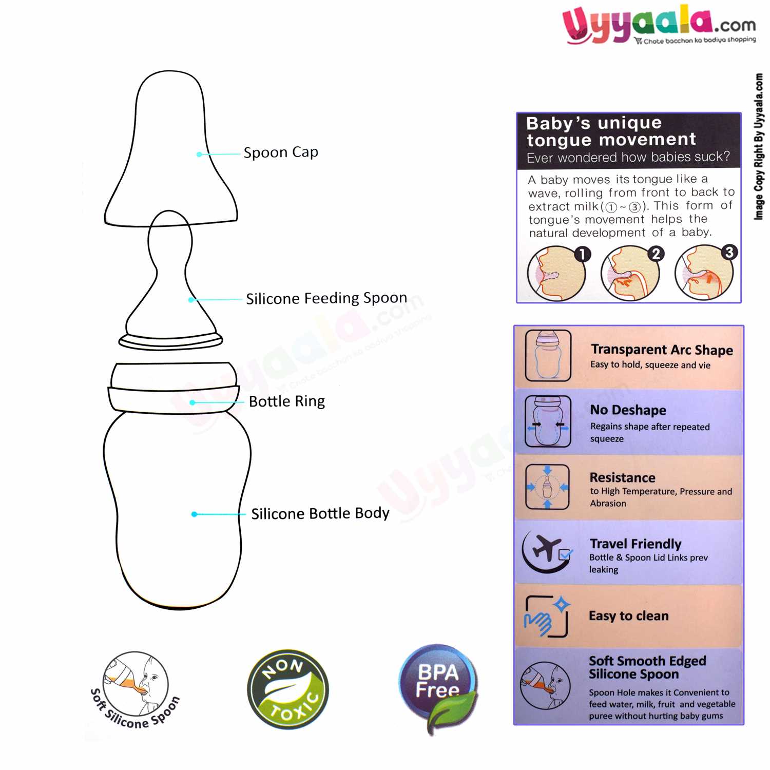 LUVLAP Squeezy Baby Bottle Feeder with Silicone Spoon Tip, 180ml, 4m+age - Yellow