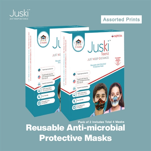 JUSKI Reusable & Eco Friendly Cotton Face Masks with Triple Layer Protection for Teenagers - 2pcs (Assorted Prints) - Pack Of 2