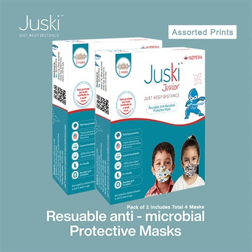 JUSKI Reusable & Eco Friendly Cotton Face Masks with Triple Layer Protection for Kids - 2pcs (Assorted Prints) - Pack Of 2