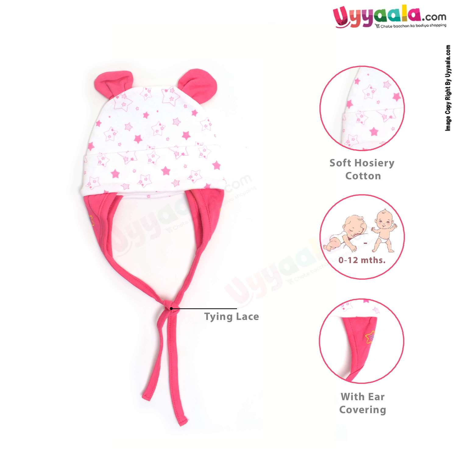 Fancy Round Cap for Babies with Stretchable Soft Hosiery Material, Stars Print 0-12m Age - Multi Color