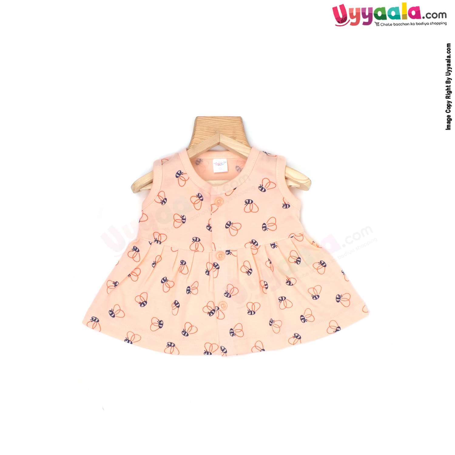 MOMMAS Sleeveless Newborn Baby Frock, Front Opening Button Model, Premium Quality Cotton Baby Wear, (0-3M)