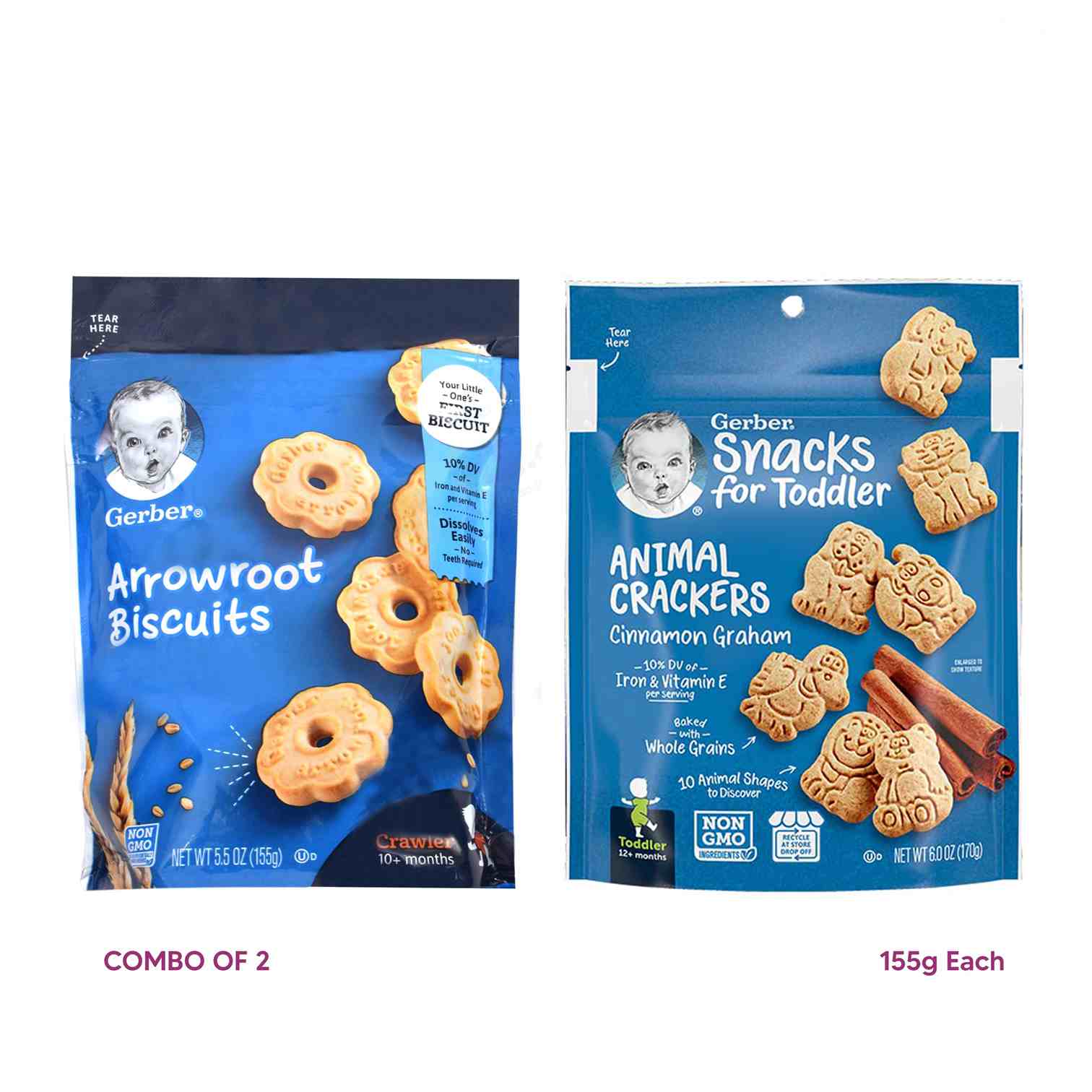 GERBER Biscuits - arrowroot & animal crackers, naturally flavored biscuits for babies, combo of 2 - 325g - 10 months +