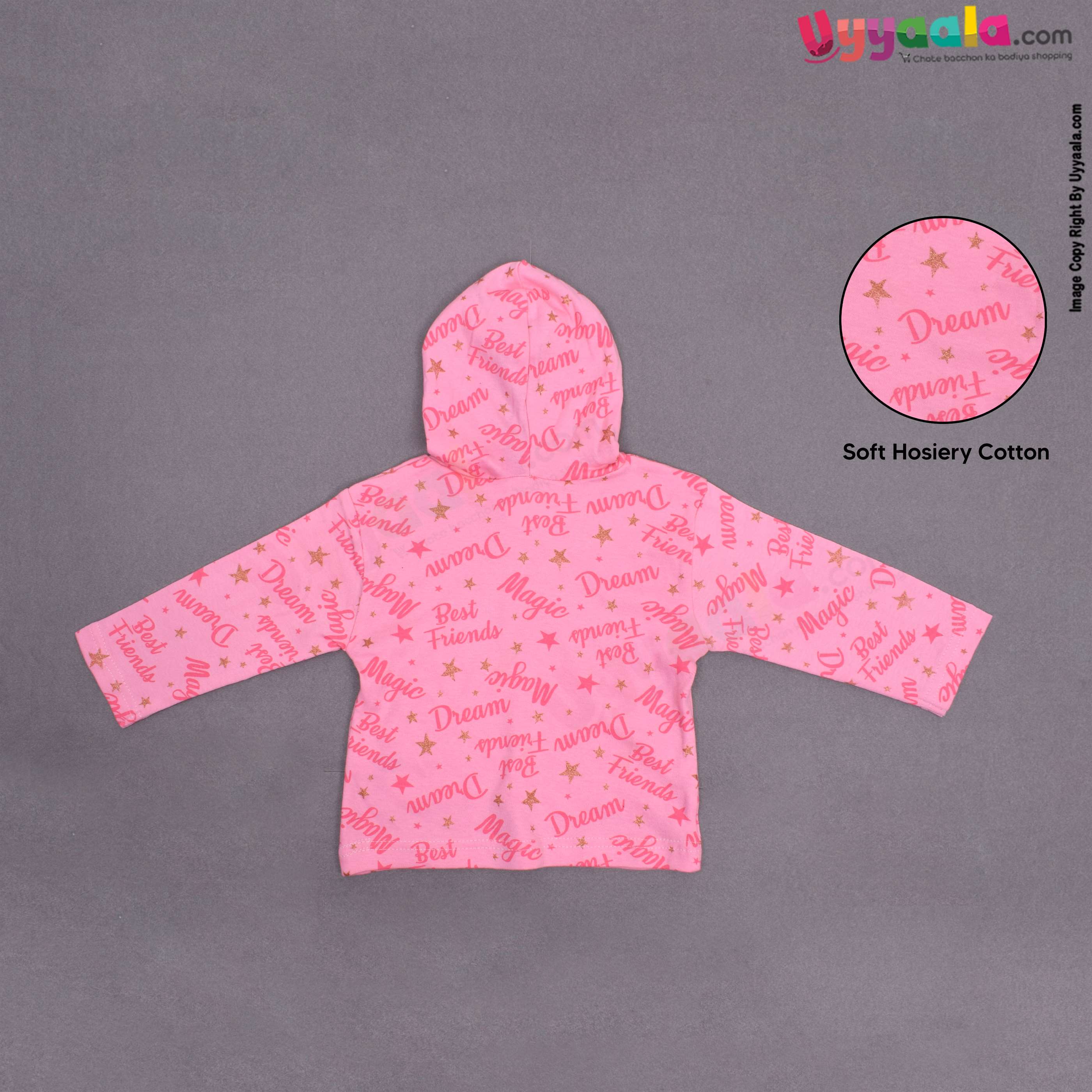 PRECIOUS Full sleeves hoodies t - shirt, cotton - pink with text & glittering star print