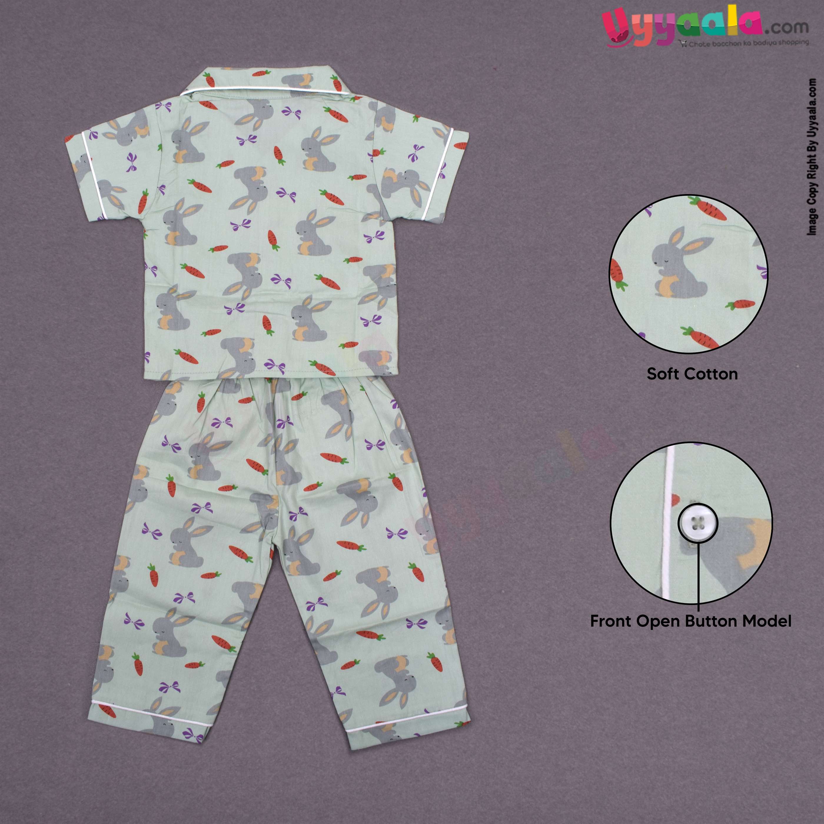NUM NUM Cotton night wear for baby girl - green with cartoon bunny print.