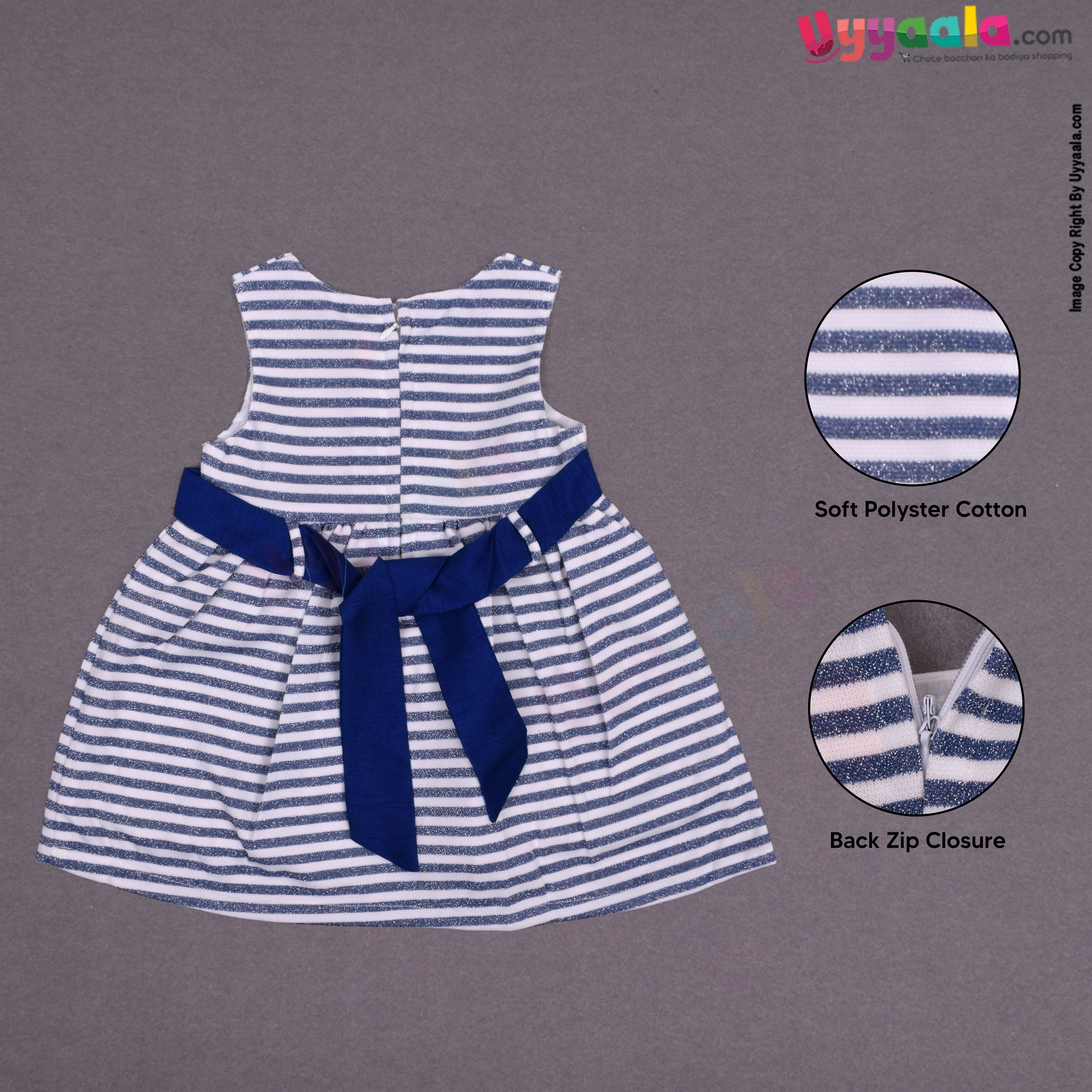 YELLOW DUCK Cotton sleeveless party wear frock for baby girl, back open zip model with bow applique- Navy blue with stripes