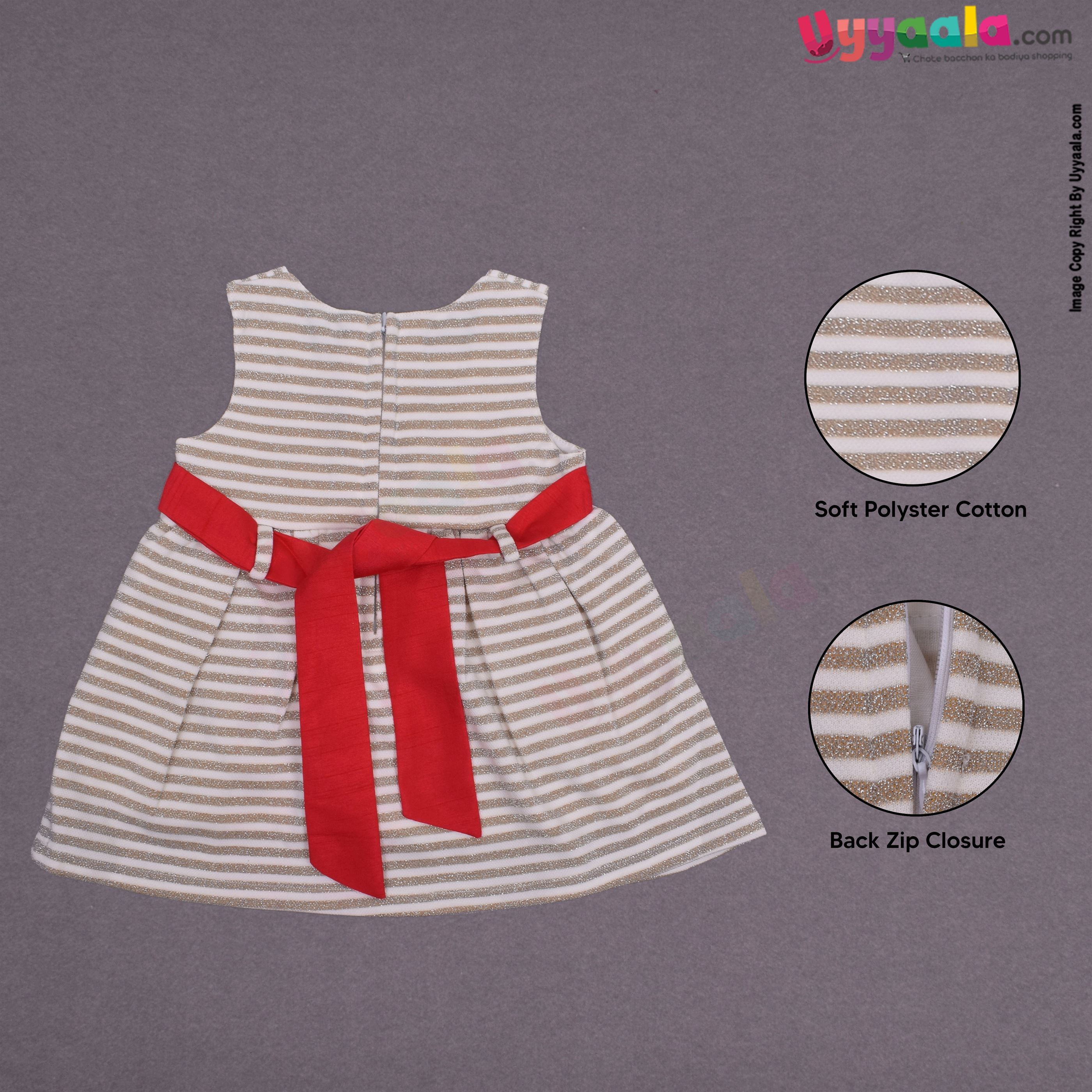 YELLOW DUCK Cotton sleeveless party wear frock for baby girl with bow applique- Cream with golden stripes
