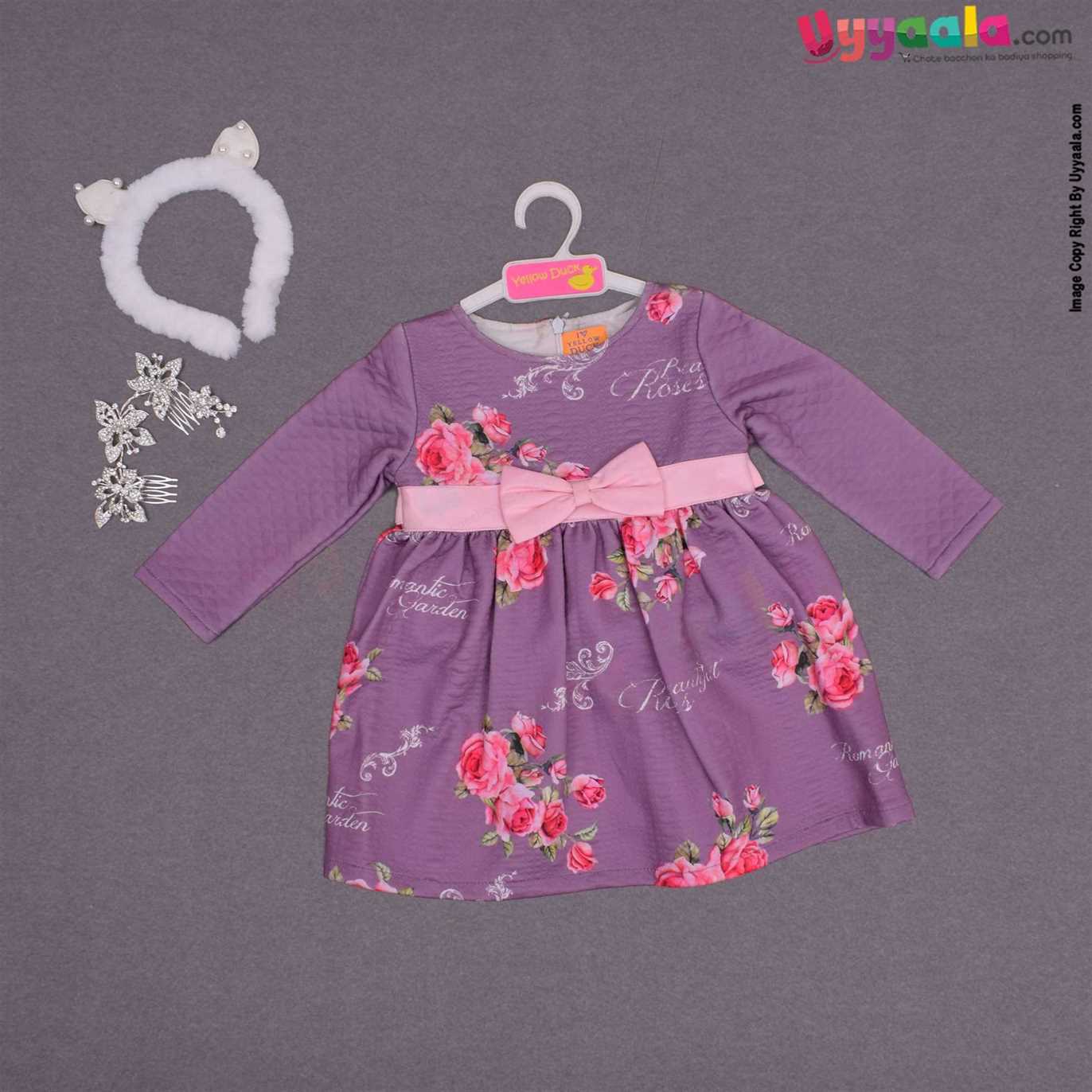YELLOW DUCK Cotton full sleeve party wear frock for baby girl,back open zip model with bow applique