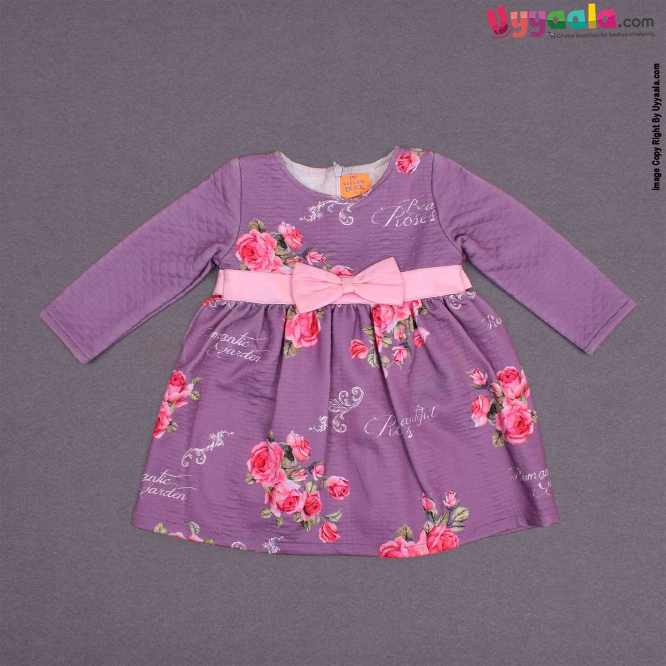 YELLOW DUCK Cotton full sleeve party wear frock for baby girl,back open zip model with bow applique- purple with roses and text print