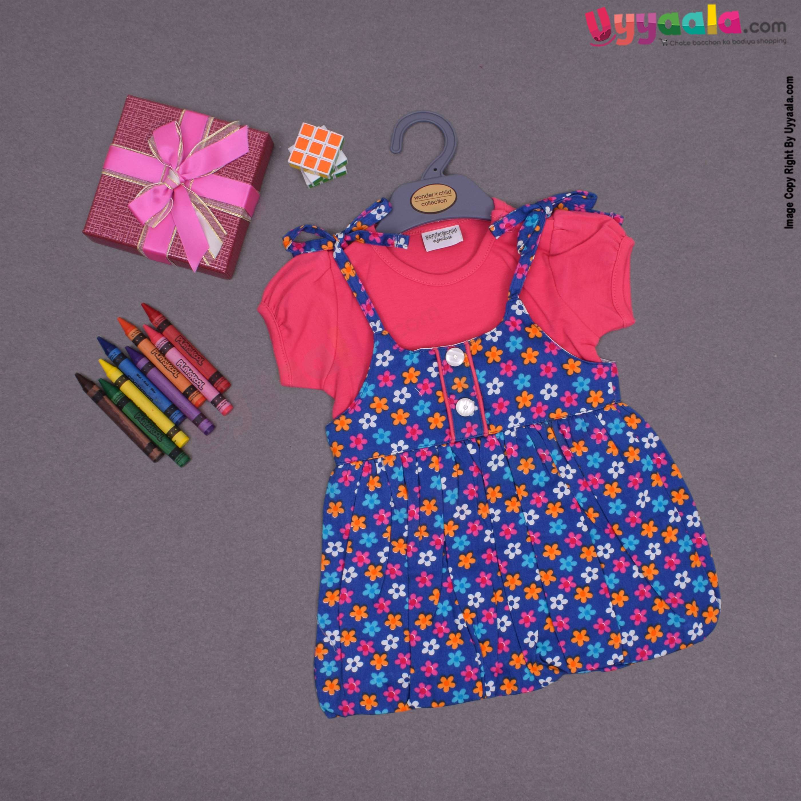 WONDER CHILD Party wear dungaree for baby girl with floral print- pink and navy blue