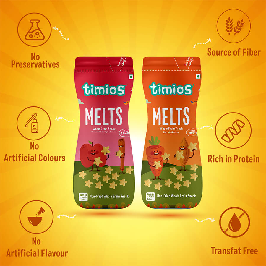 TIMIOS Melts - Carrot,Cumin & Apple,Cinnamon 9+m Age 100% Natural & Healthy Baby Snacks Pack of 2 (100g Each)