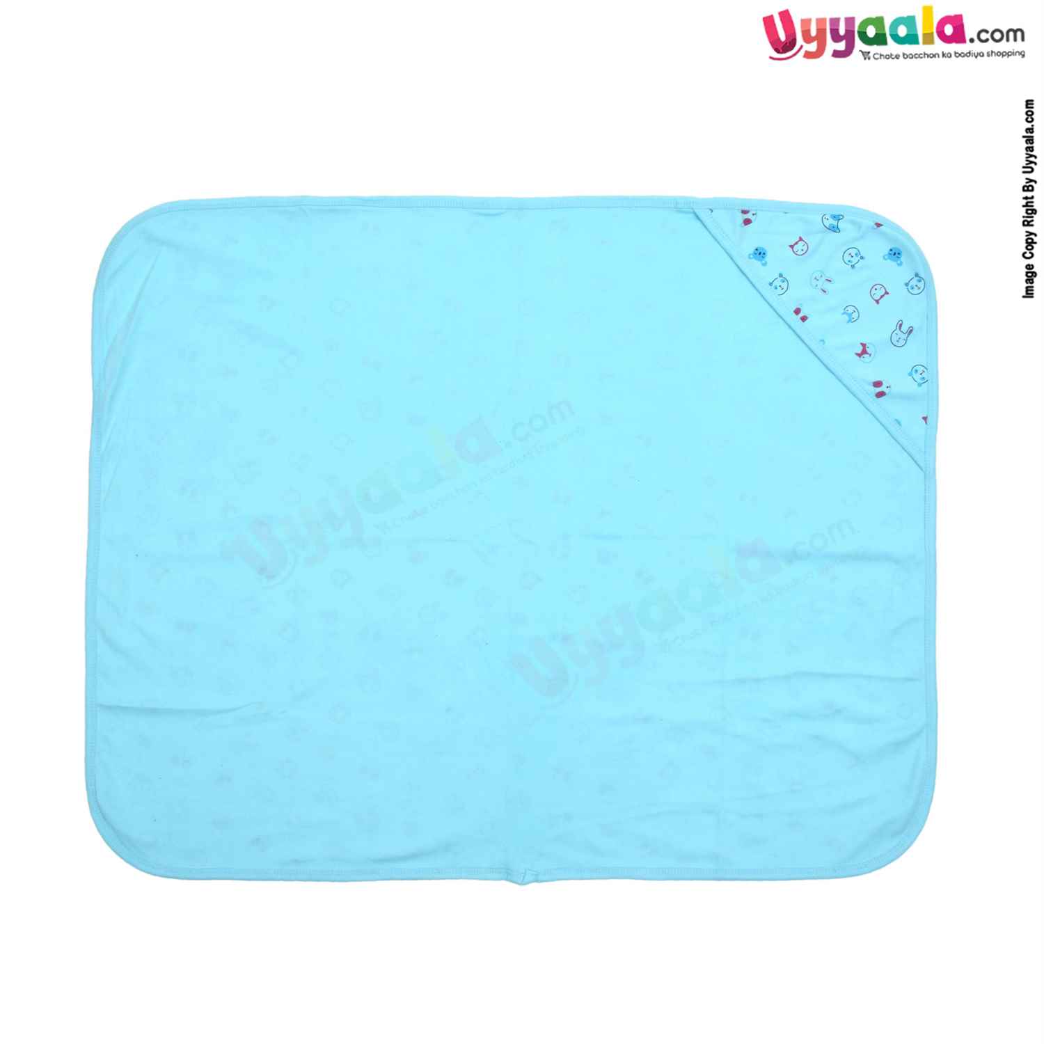 Hosiery Cotton Hooded Towel for Babies with Animal Print 0-12m Age, Size (86*72cm)- Blue
