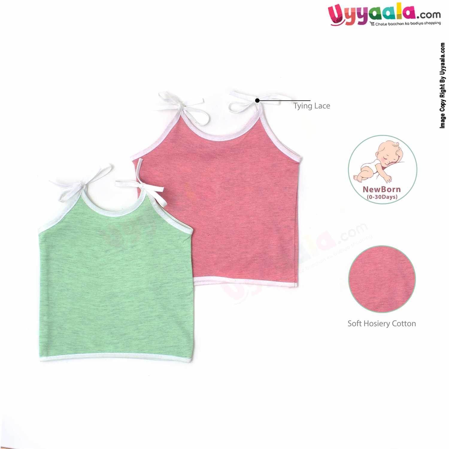SNUG UP Sleeveless Baby Jabla Set, Top Opening Tie knot Lace Model, Premium Quality Cotton Baby Wear, (0-30 Days), 2Pack - Pink & Green
