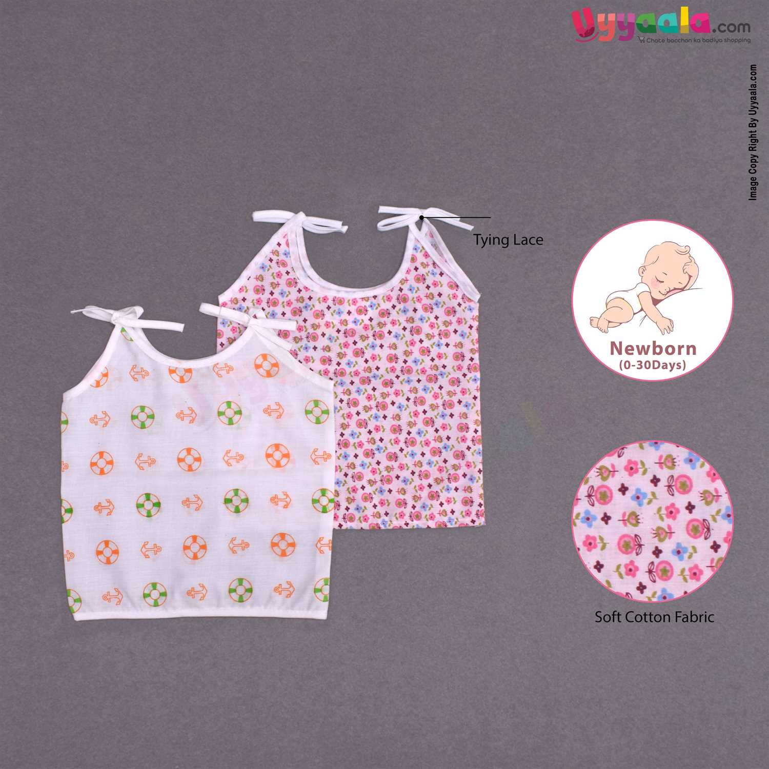 Sleeveless Baby Jabla Set, Top Opening Tie knot Lace Model, (0-30 Days), Floral & Anchor Print, 2Pack - Pink & White