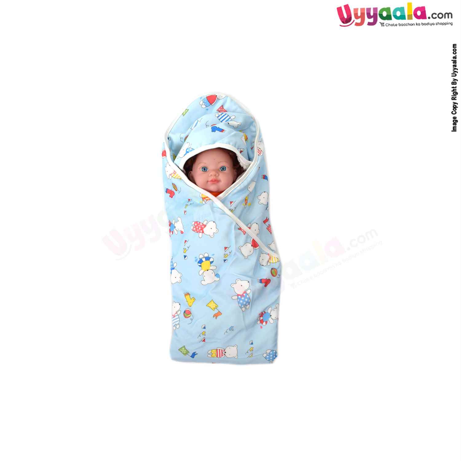 Double Layered (2 Ply) Hooded Blanket One Side Fur & Another Side Velvet with Animals Print for Babies 0-24m Age, Size(74*74cm)- Light Blue