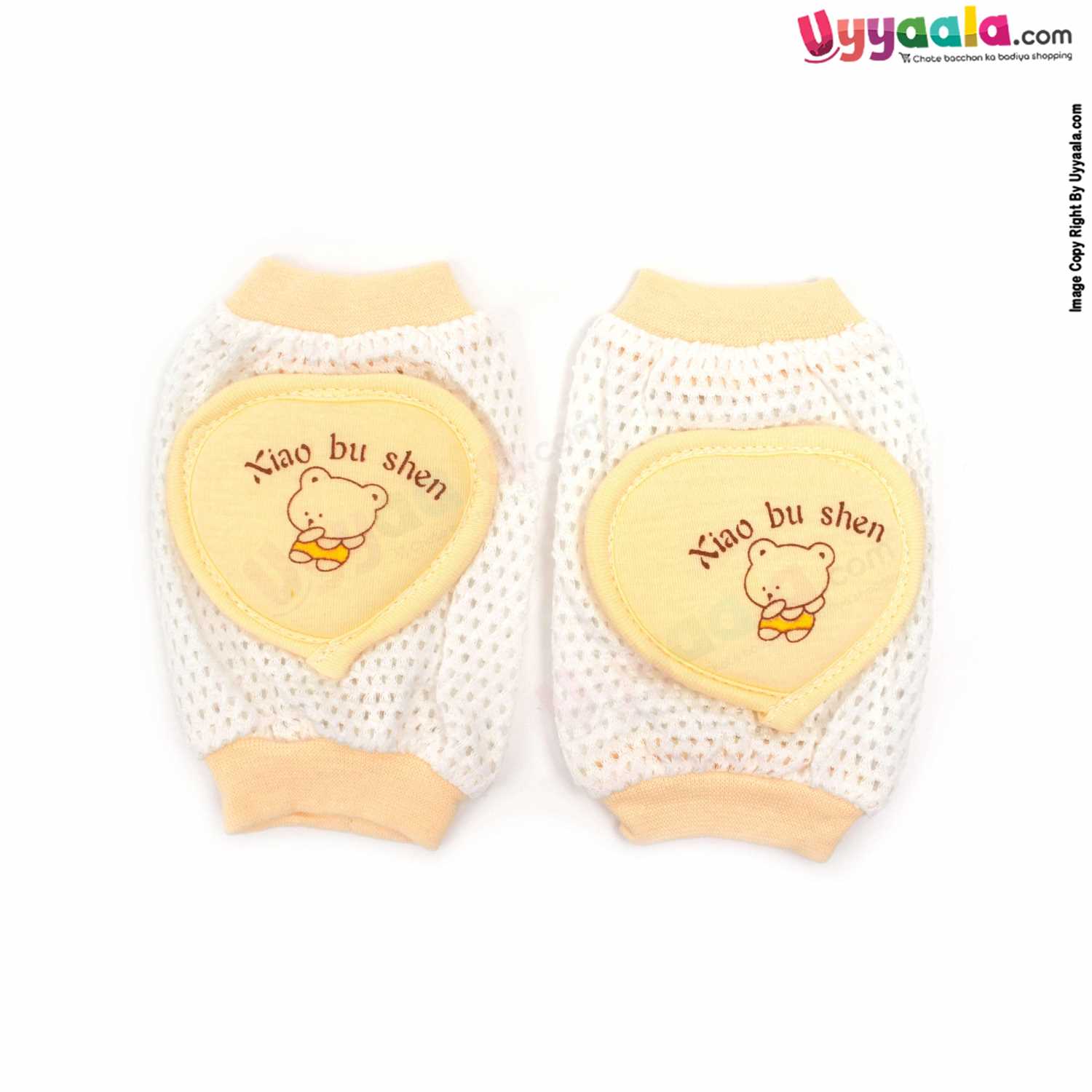 Cotton Stretchable Knee Protection Pads for Crawling Babies with Heart Shape Patch Teddy Bear Print Pack of 1 Pair , 6m-2Y Age - White & Yellow