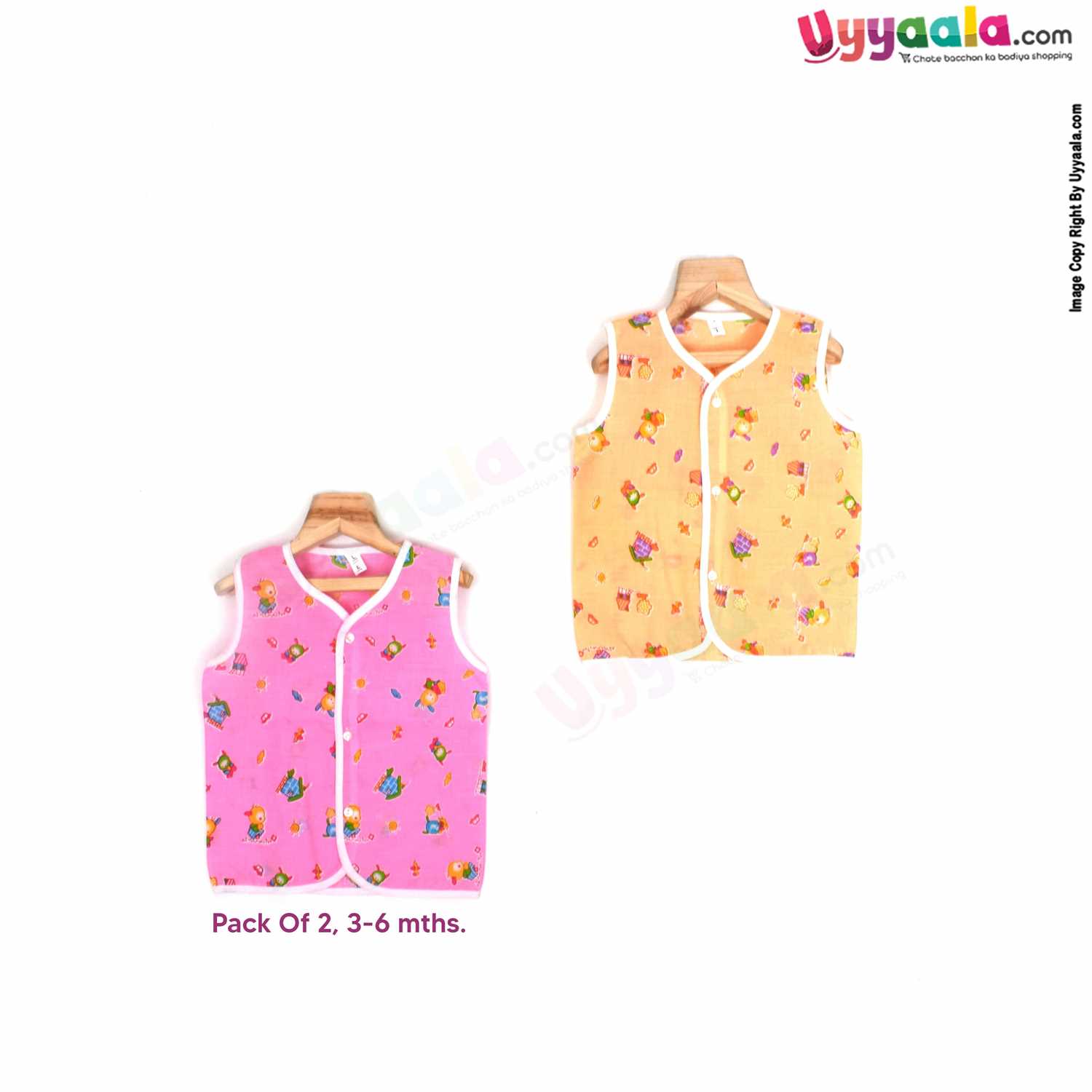 SNUG UP Sleeveless Baby Jabla Set, Front Opening Button Model, Premium Quality Cotton Baby Wear, Bear Print, (3-6M), 2Pack - Pink & Orange