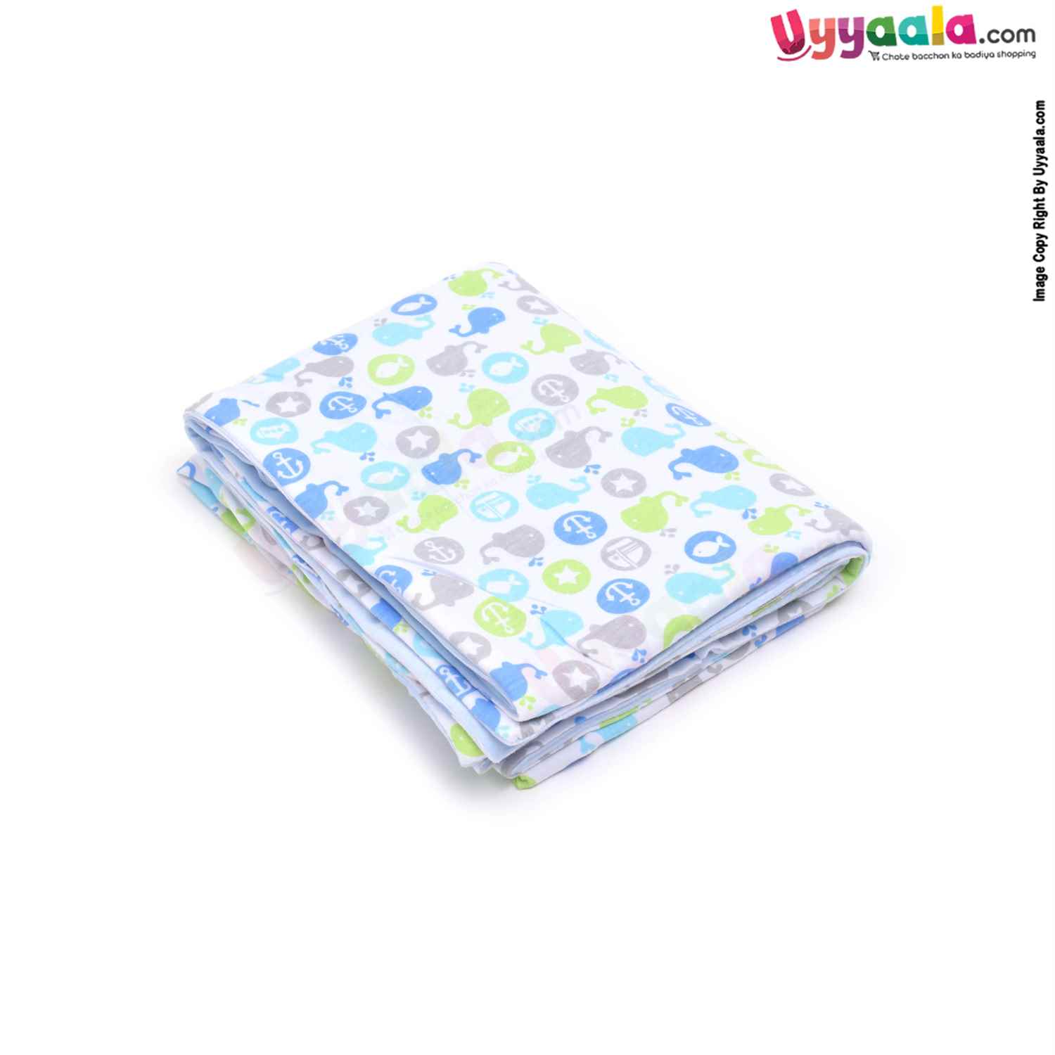 EBERRY Double Layered Wrapper One Side Velvet & Another Side Cotton with Whales Print for Babies 0-12m Age, Size(98*76cm)-white & Blue