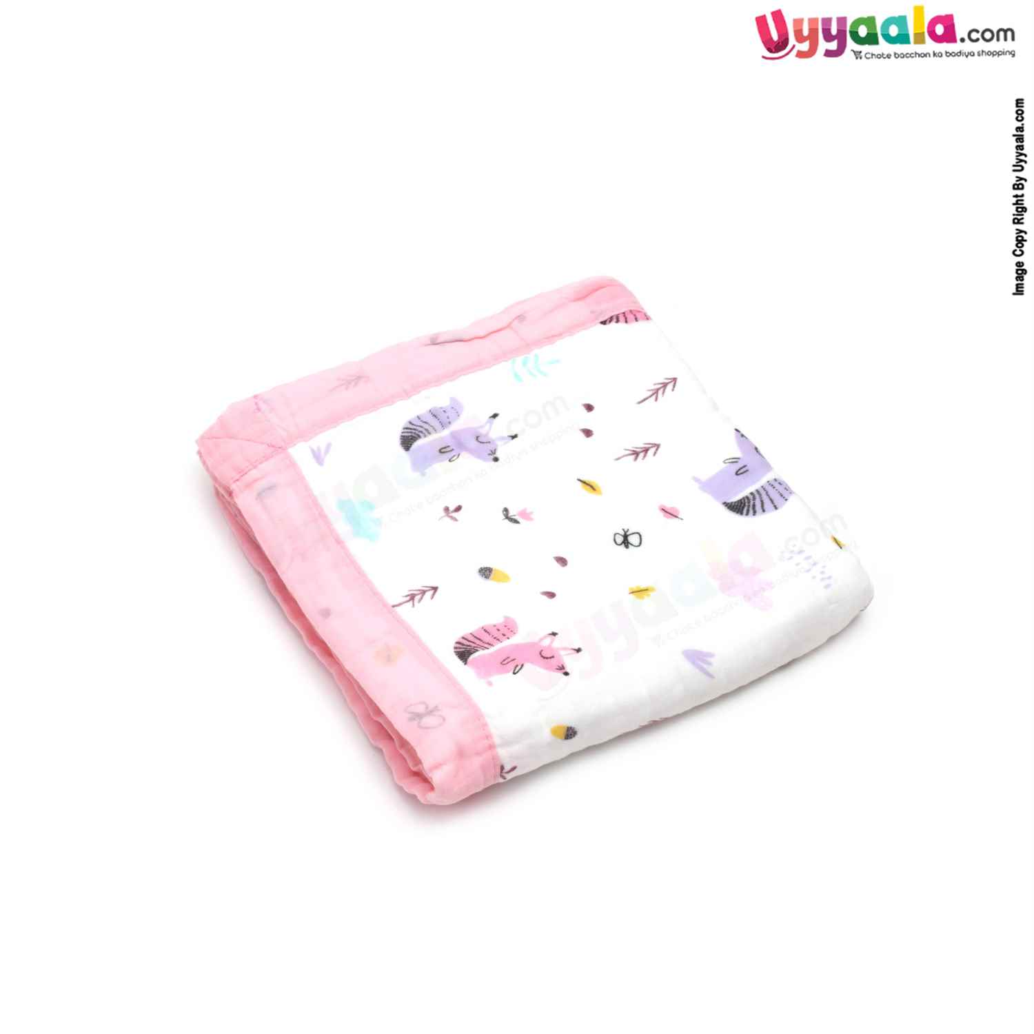 Four Layered Muslin Wrapper with Border, Squirrel Print for Babies 0-12m Age, Size(116*101Cm)-White