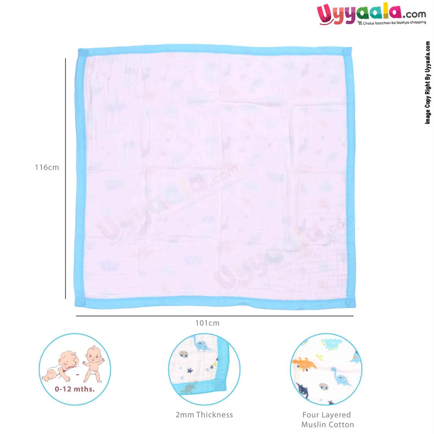 Four Layered Muslin Cotton Wrapper with Border, Dinos Print for Babies 0+m Age, Size (113*101cm)-White & Blue