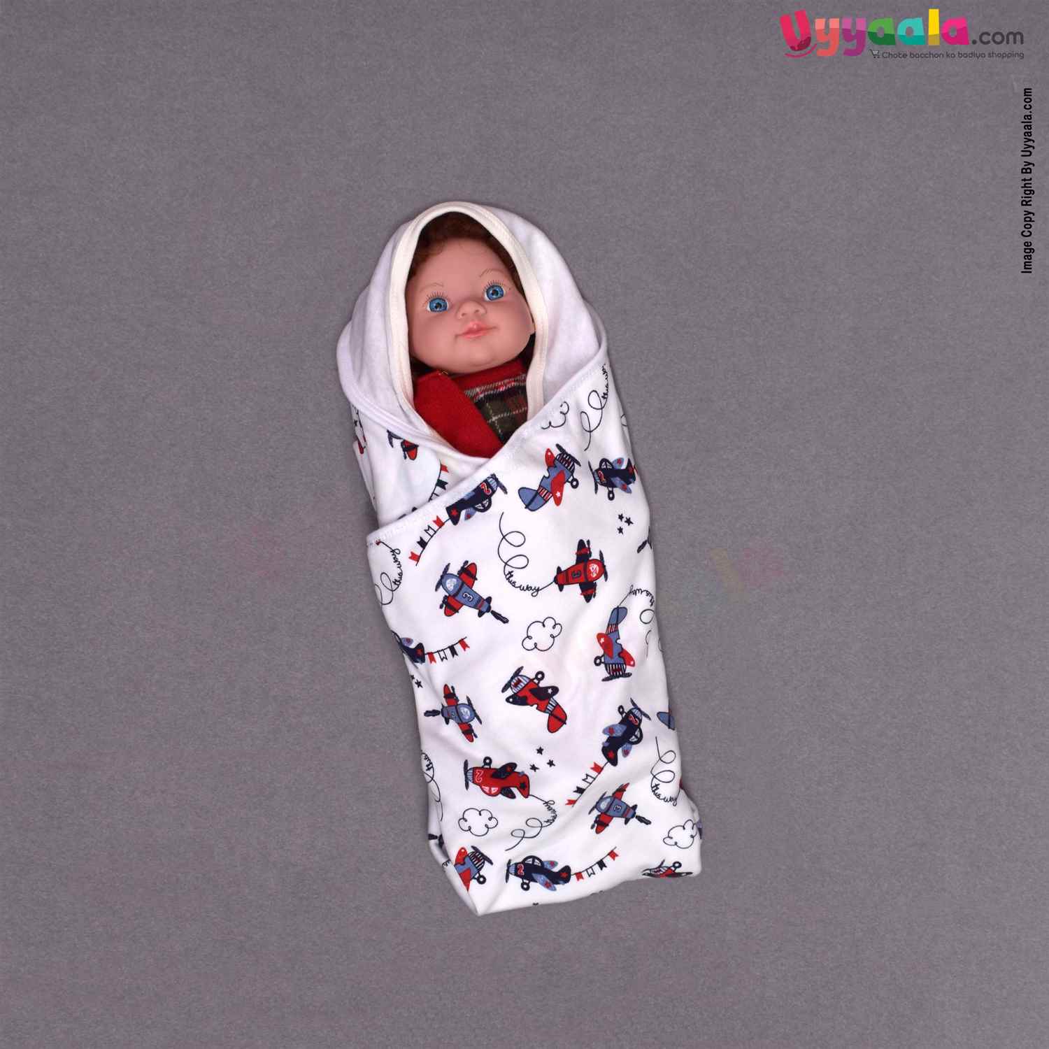 Dual layered Terry Cotton Hooded Baby Towel with Teddy Bear & Aeroplane Prints - 0+m, Size (94*65cm), White & Multicolor