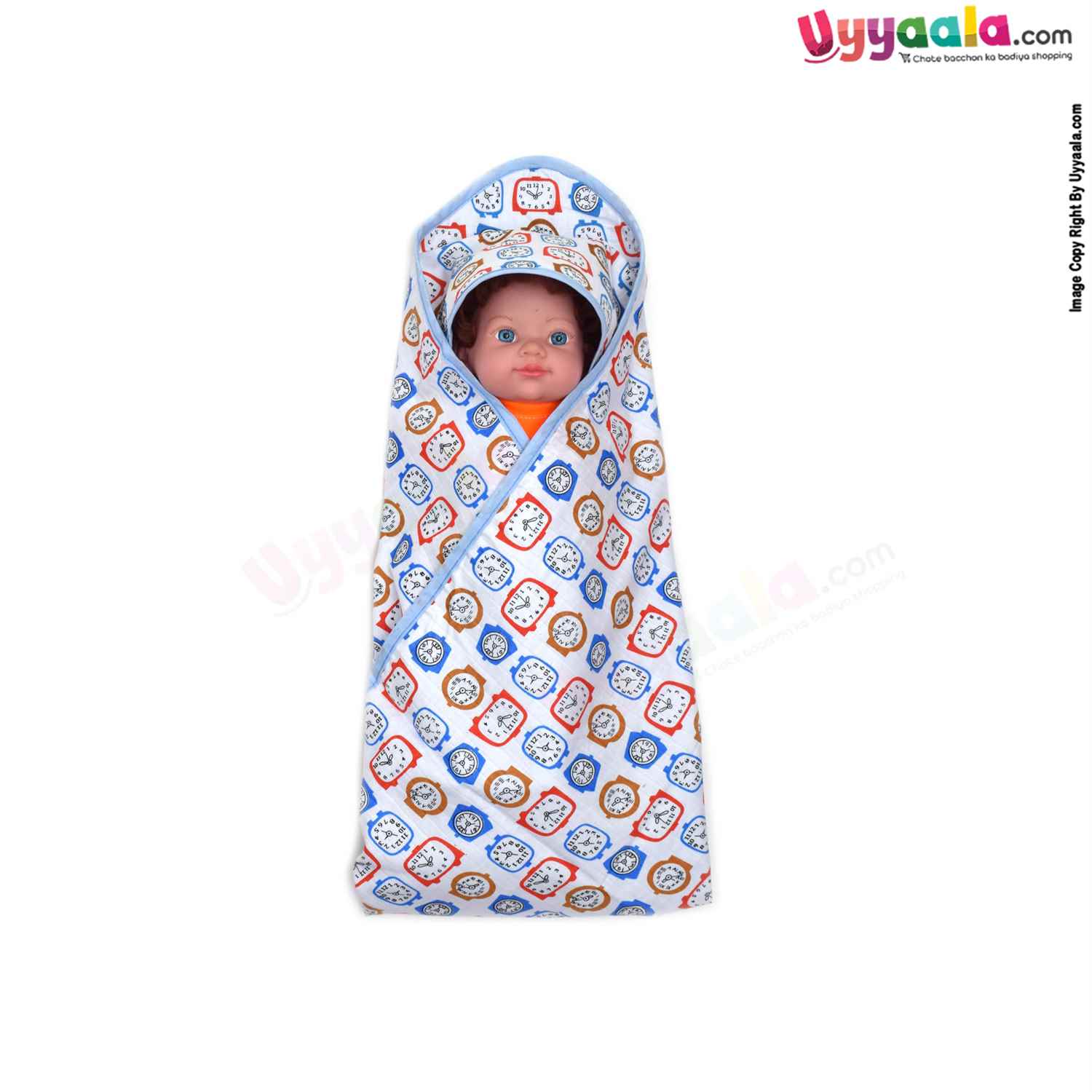 Muslin Hooded Wrapper One Side Muslin & Another Side PVC with Clock Print for Babies 0+m Age ,Size (79*51cm)- White