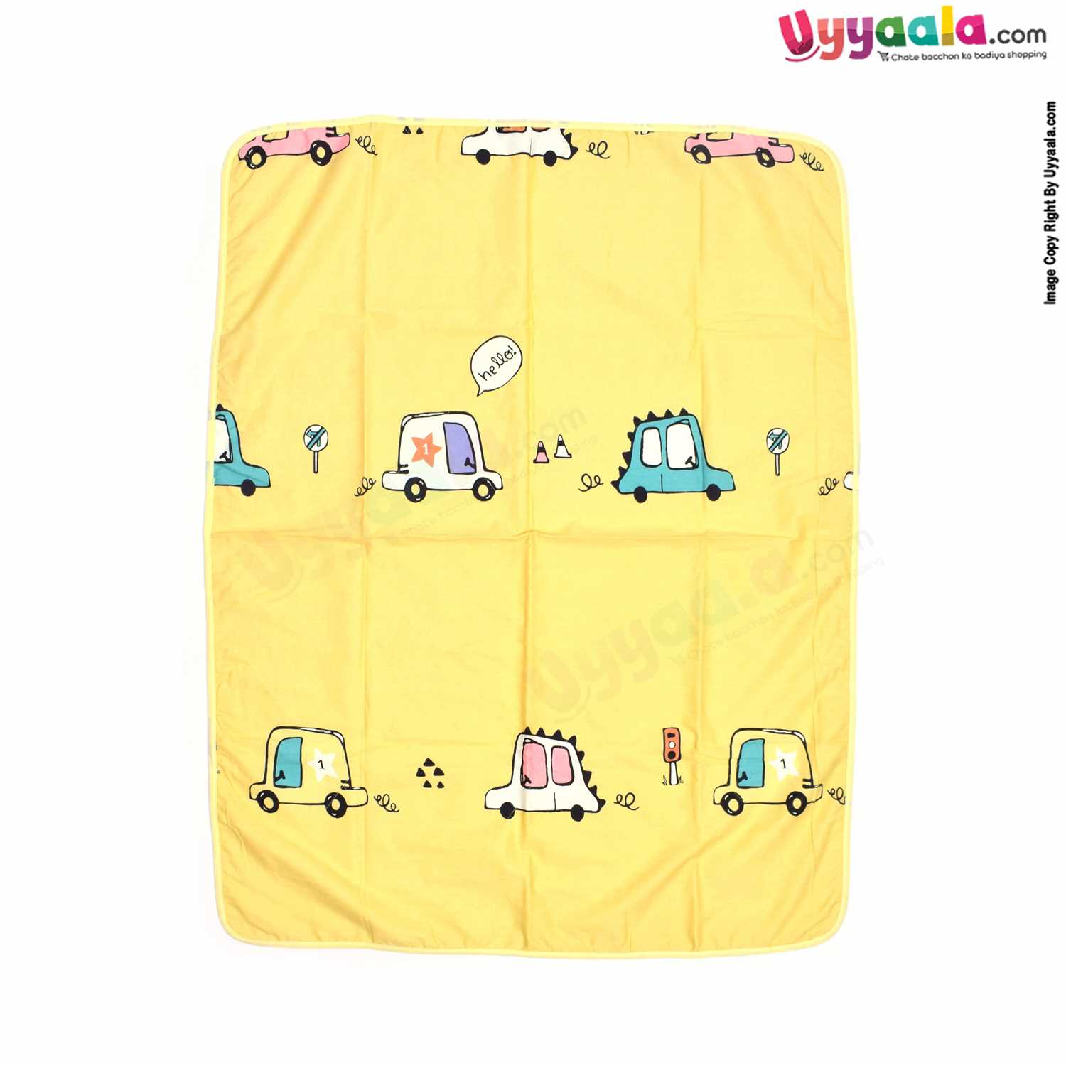 Double Layered Cotton Blanket with Car Print for Babies 0-24m Age, Size (110*83cm)- Yellow