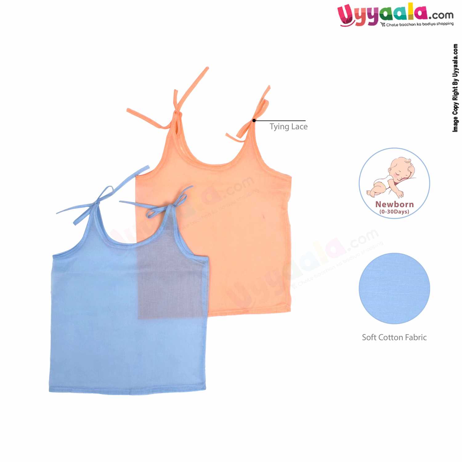 SNUG UP Sleeveless Baby Jabla Set, Top Opening Tie knot Lace Model, Premium Quality Cotton Baby Wear, Stripes Print, (0-30 Days), 2Pack - Blue & Orange