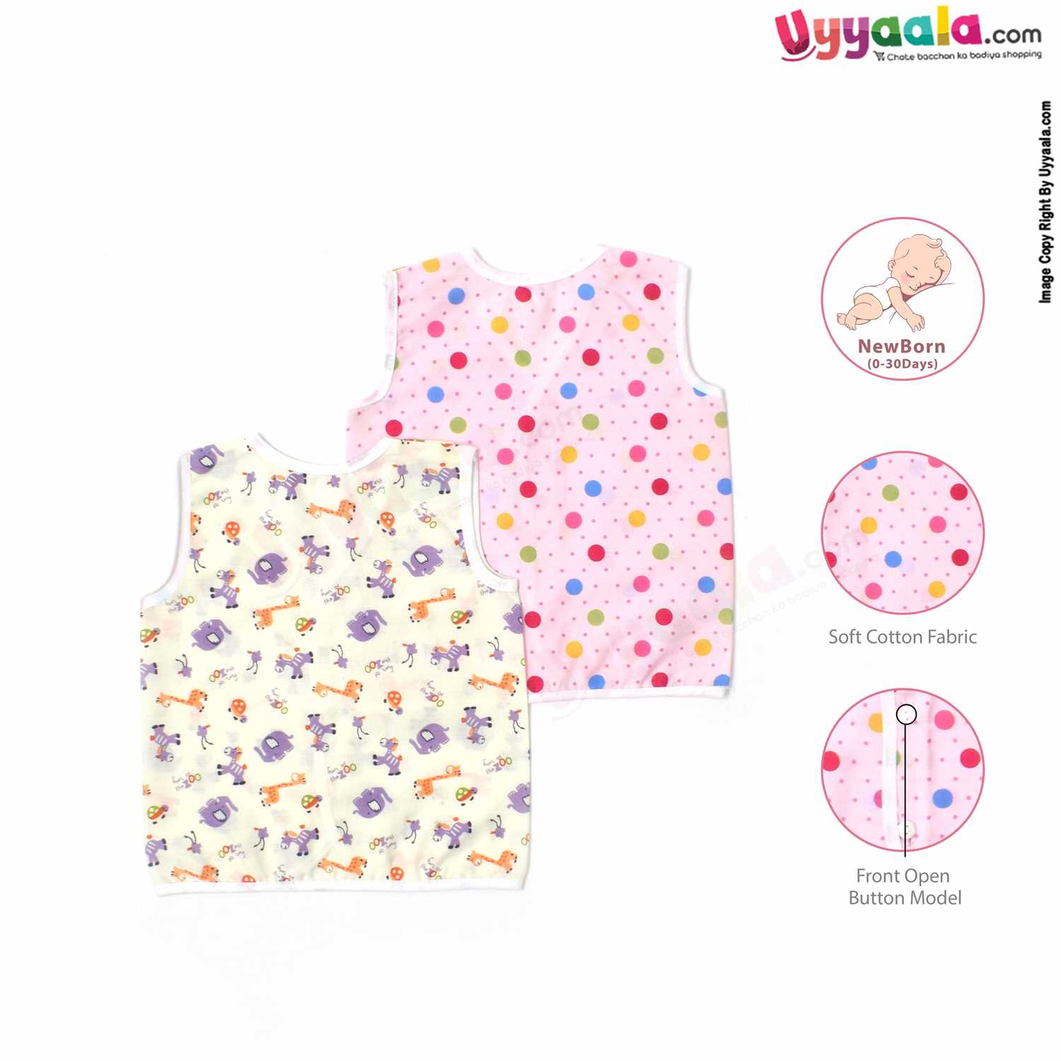 SNUG UP Sleeveless Baby Jabla Set, Front Opening Button Model, Premium Quality Cotton Baby Wear, (0-30 Days), 2 Pack, Dots & Animals Print - Pink & Cream