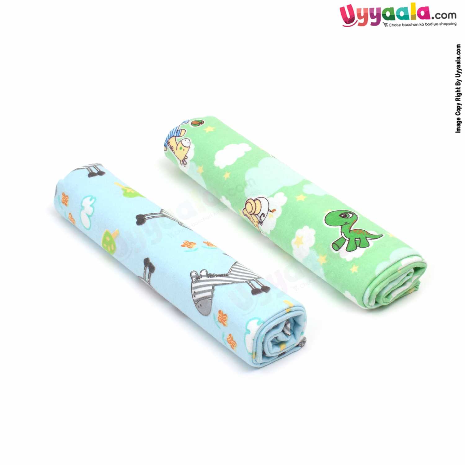 DARLING Baby Bath Towel 100% Cotton with Animals & Stars Print Pack of 2 0+m Age ,Size (100*75cm) - Green & Blue