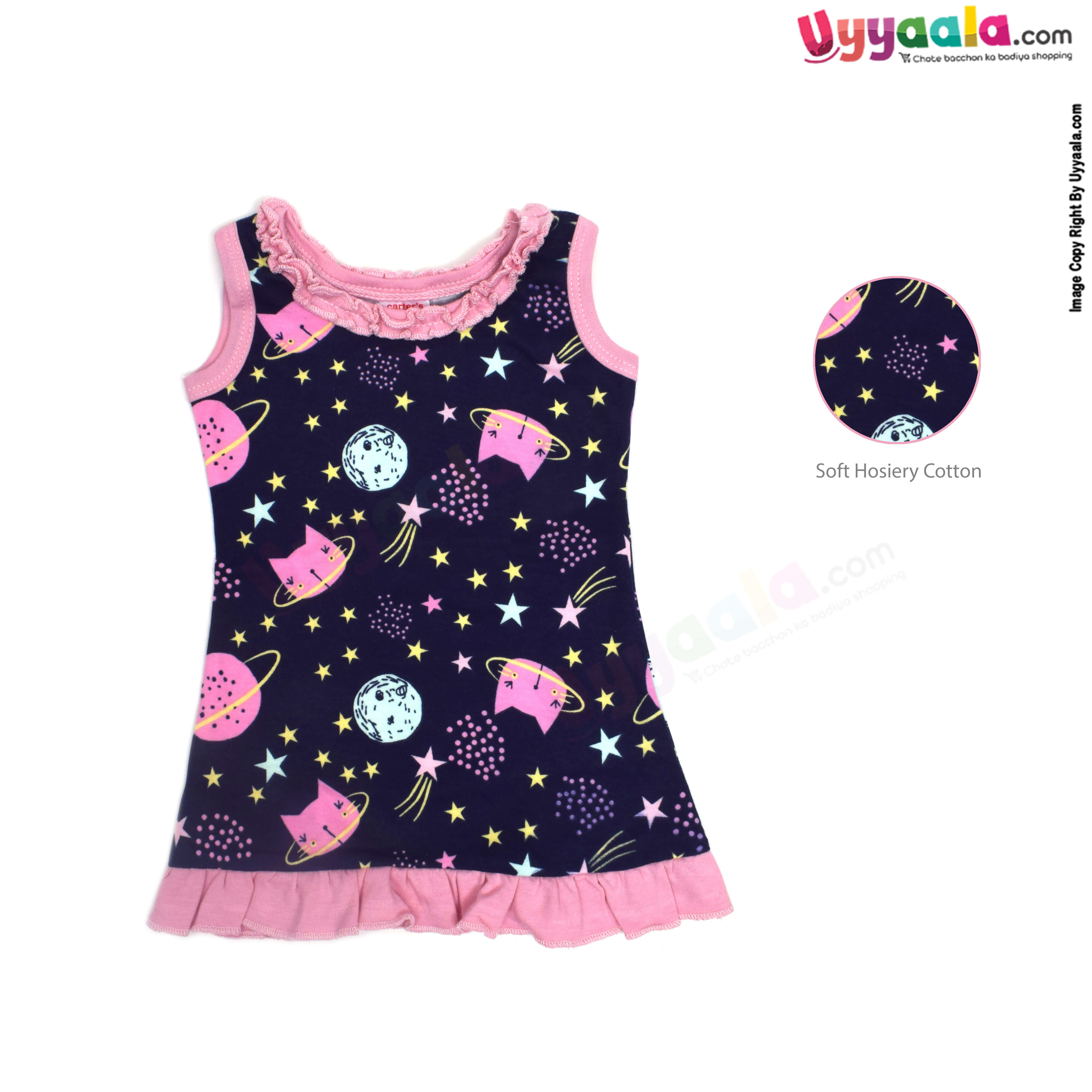 Baby 100% Premium Quality Hoisery Sleeve less Newborn Frock with Bloomer Stars & Planet Print, Voilet