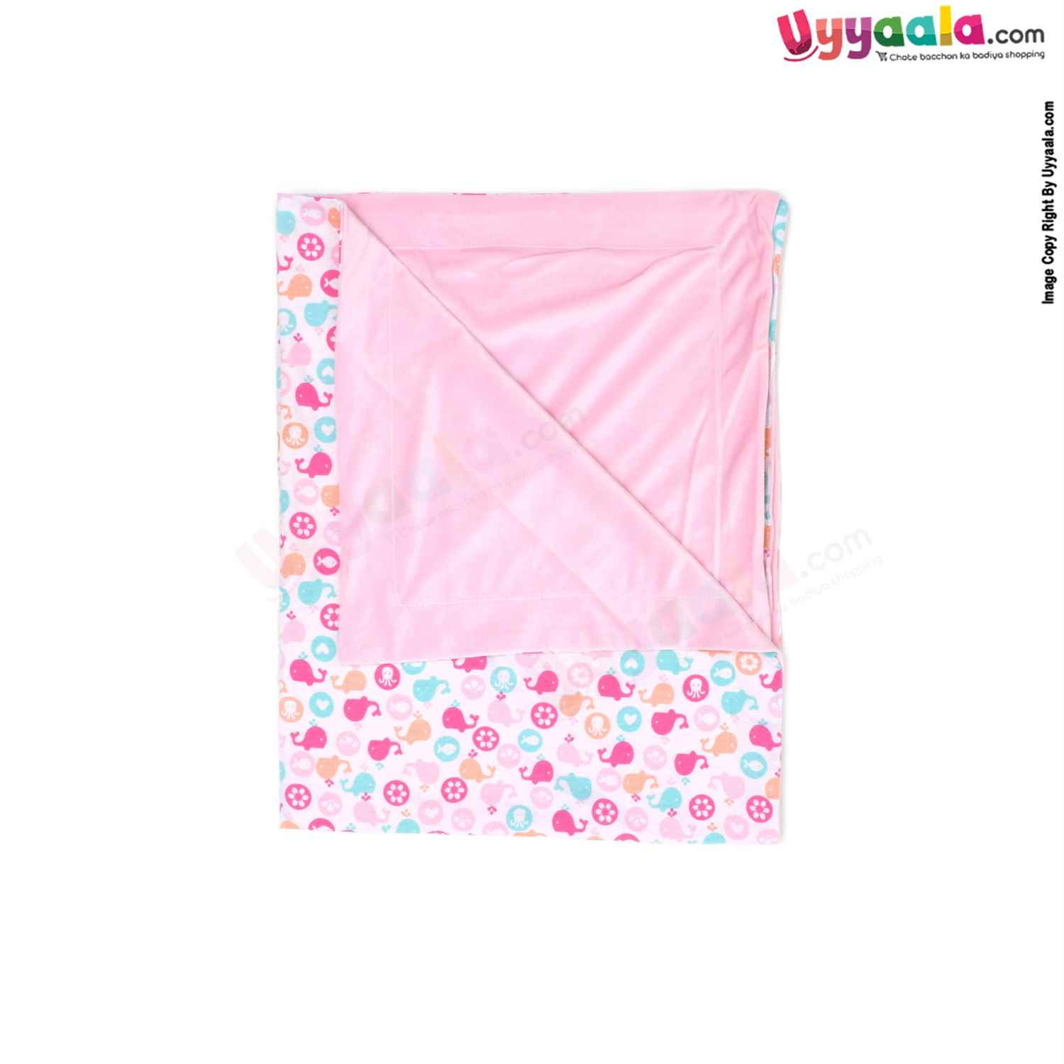 Eberry Double Layered Wrapper One Side Velvet and Another side Cotton with Sea Animals Print for Babies 0-12m Age, Size(98*76cm)- White & Pink