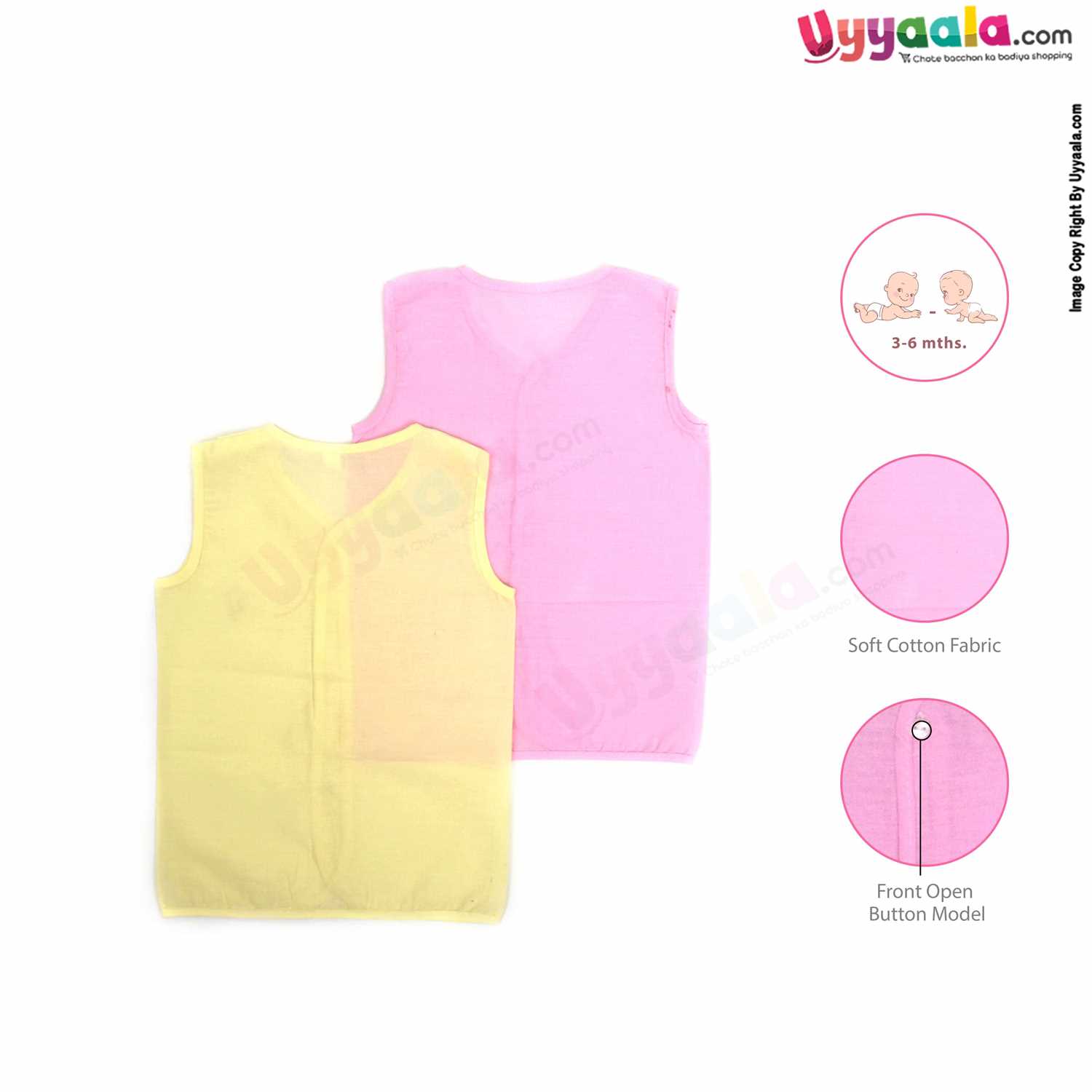 POLAR CUBS Sleeveless Baby Jabla Set, Front Opening Button Model, Premium Quality Cotton Baby Wear, (3-6M), 2Pack - Pink & Yellow