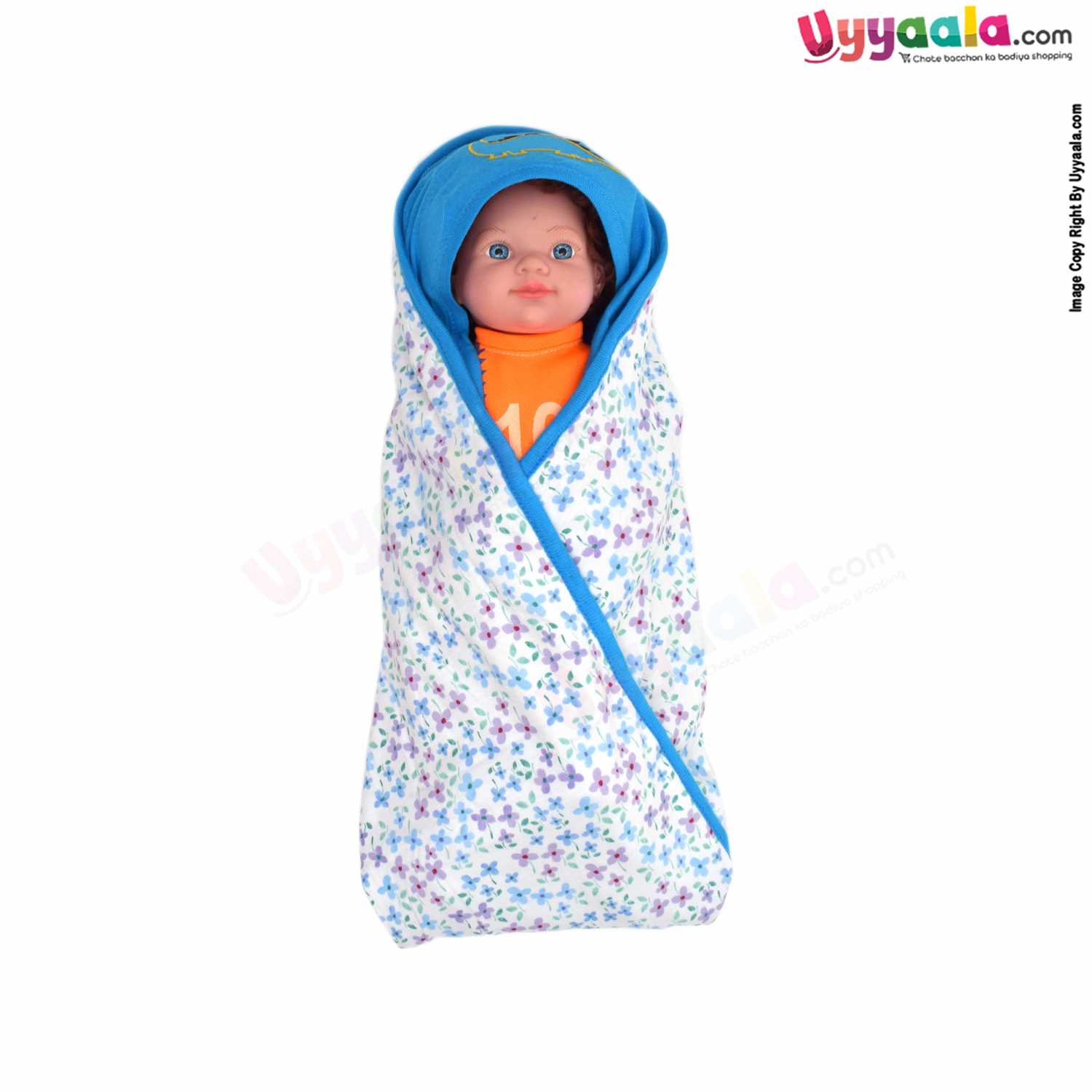 PRECIOUS ONE Baby Hooded Towel Premium Double Layered ,100% Cotton Hosiery with Floral Print 0+m Age, Size (88*72)- White & Blue