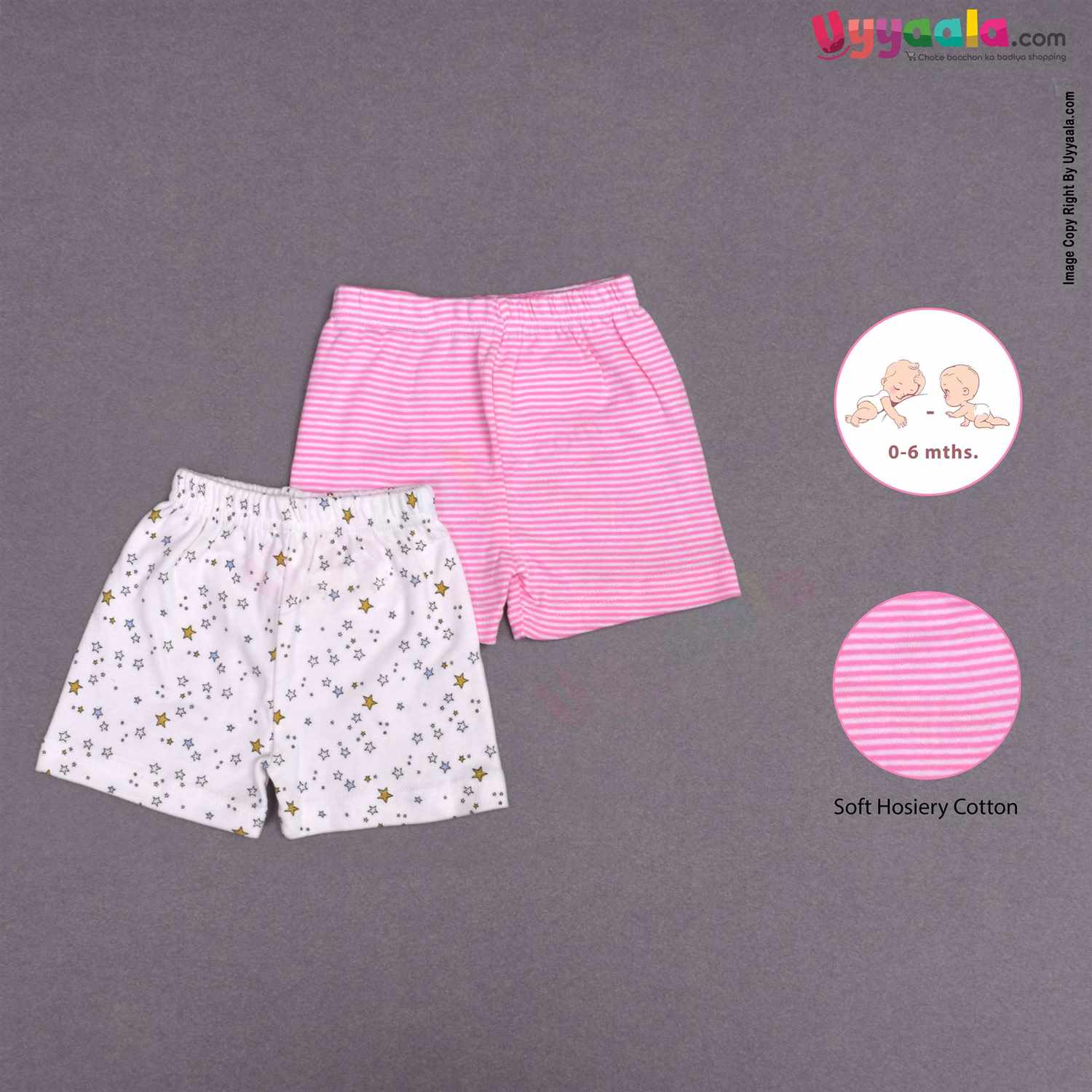 Precious One Shorts 100% Soft Hosiery Cotton Pack of 2 - Pink & Cream (0-6M)