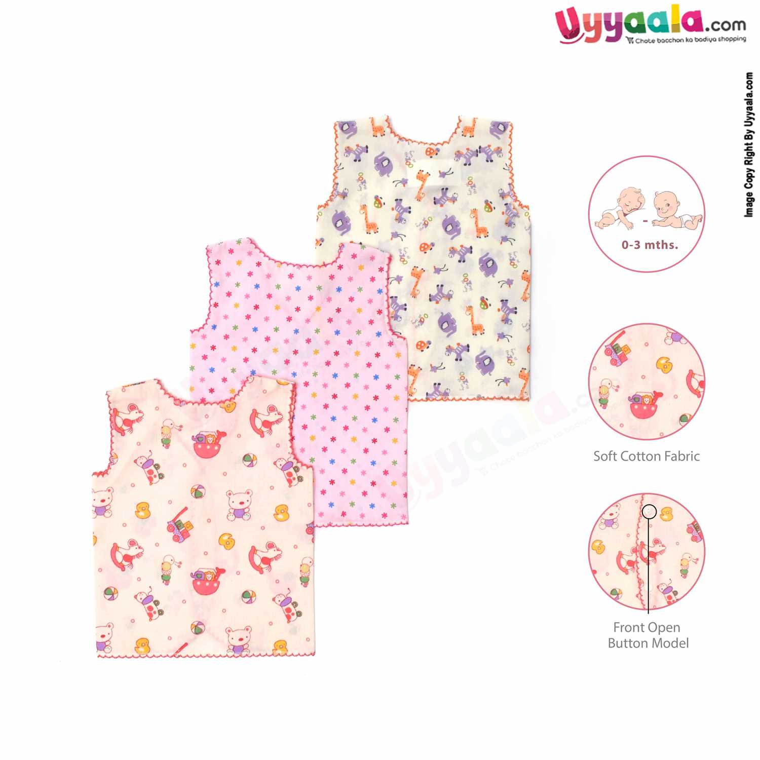 POLAR CUBS Sleeveless Baby Jabla Set, Front Opening Button Model, Premium Quality Cotton Baby Wear, Assorted Prints, (0-3M), 3Pack - Multicolor