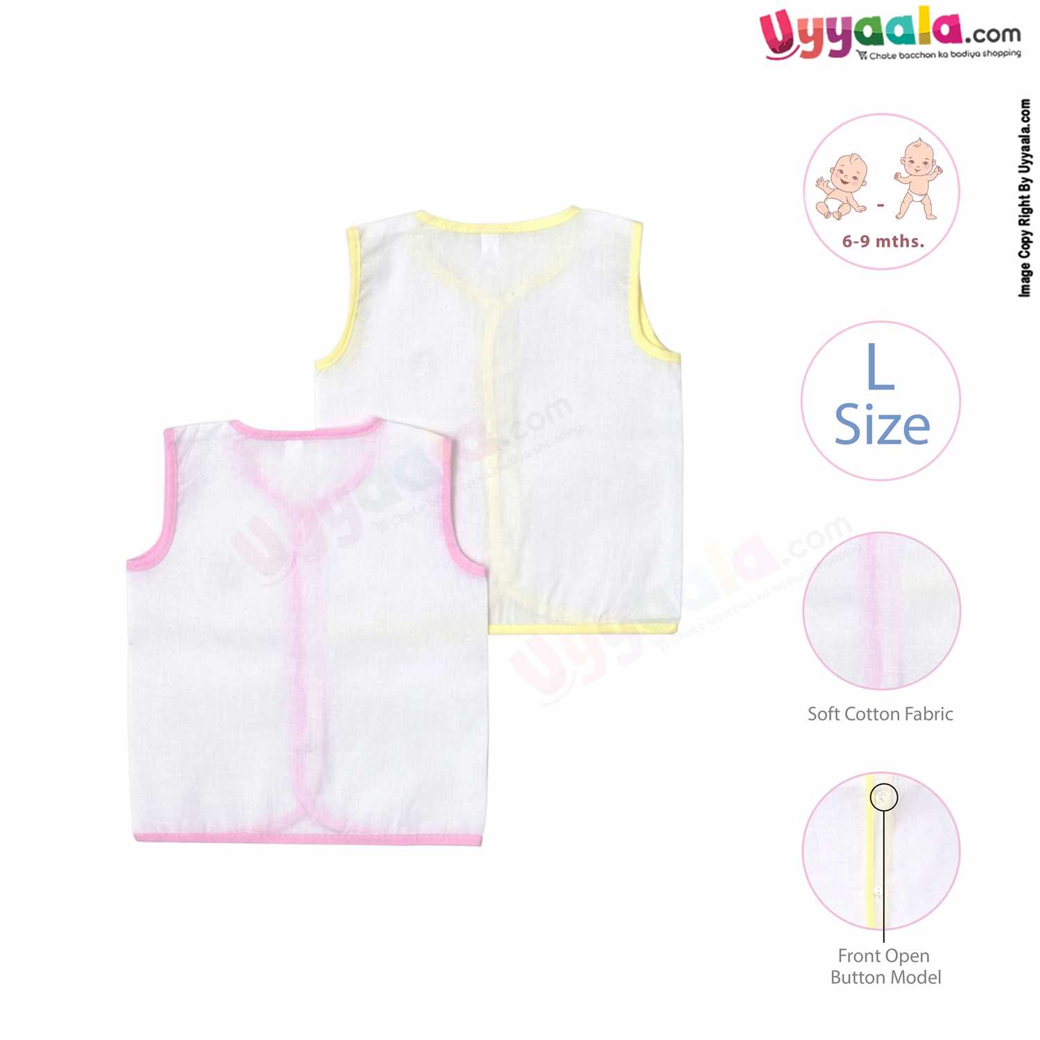 POLAR CUBS Sleeveless Baby Jabla Set, Front Opening Button Model, Premium Quality Cotton Baby Wear, (6-9M), 2Pack - White with Pink & Yellow Borders