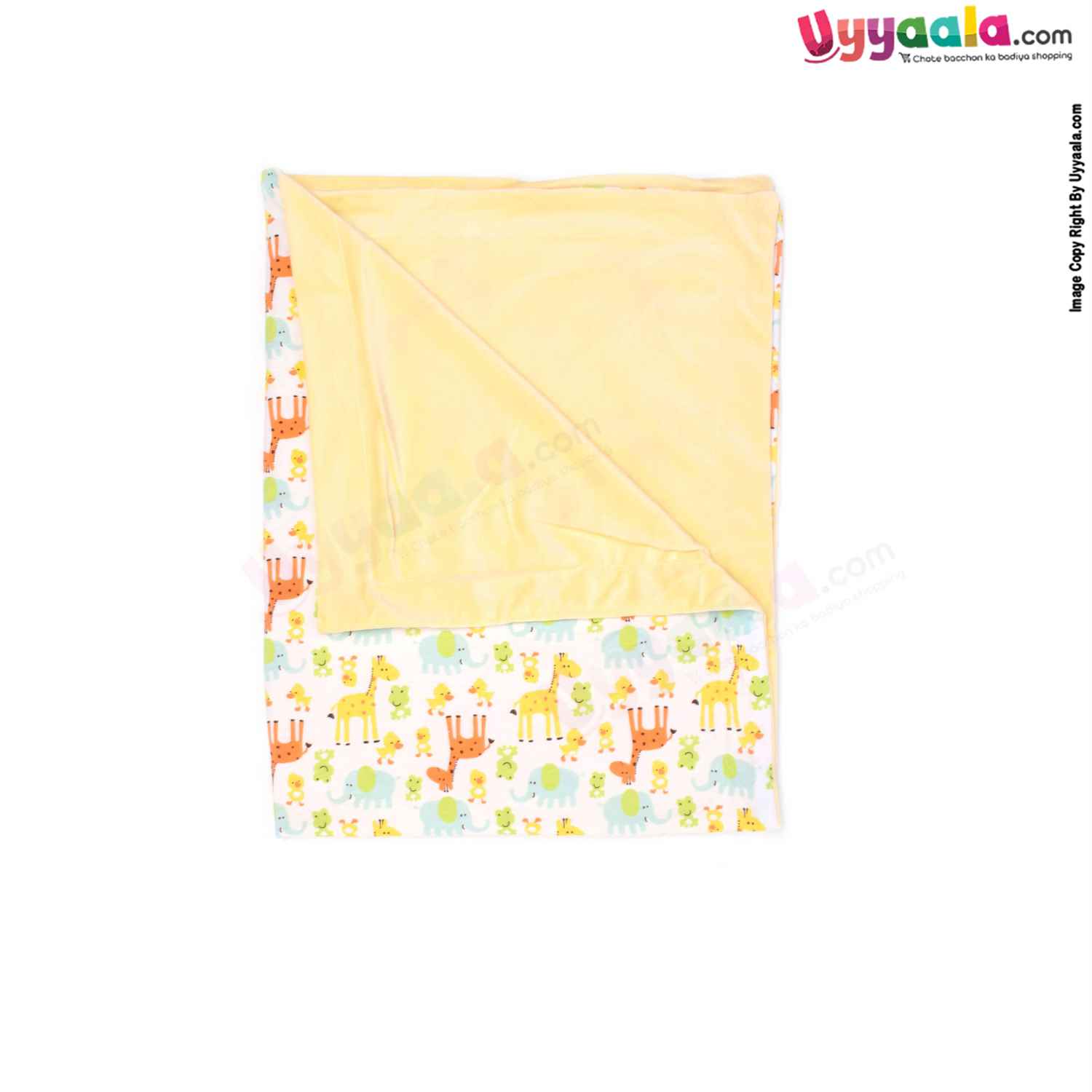 Eberry Double Layered Wrapper One Side Velvet & Another Side Cotton with Animals Print for Babies 0-12m Age, Size(98*76cm)-white & Yellow