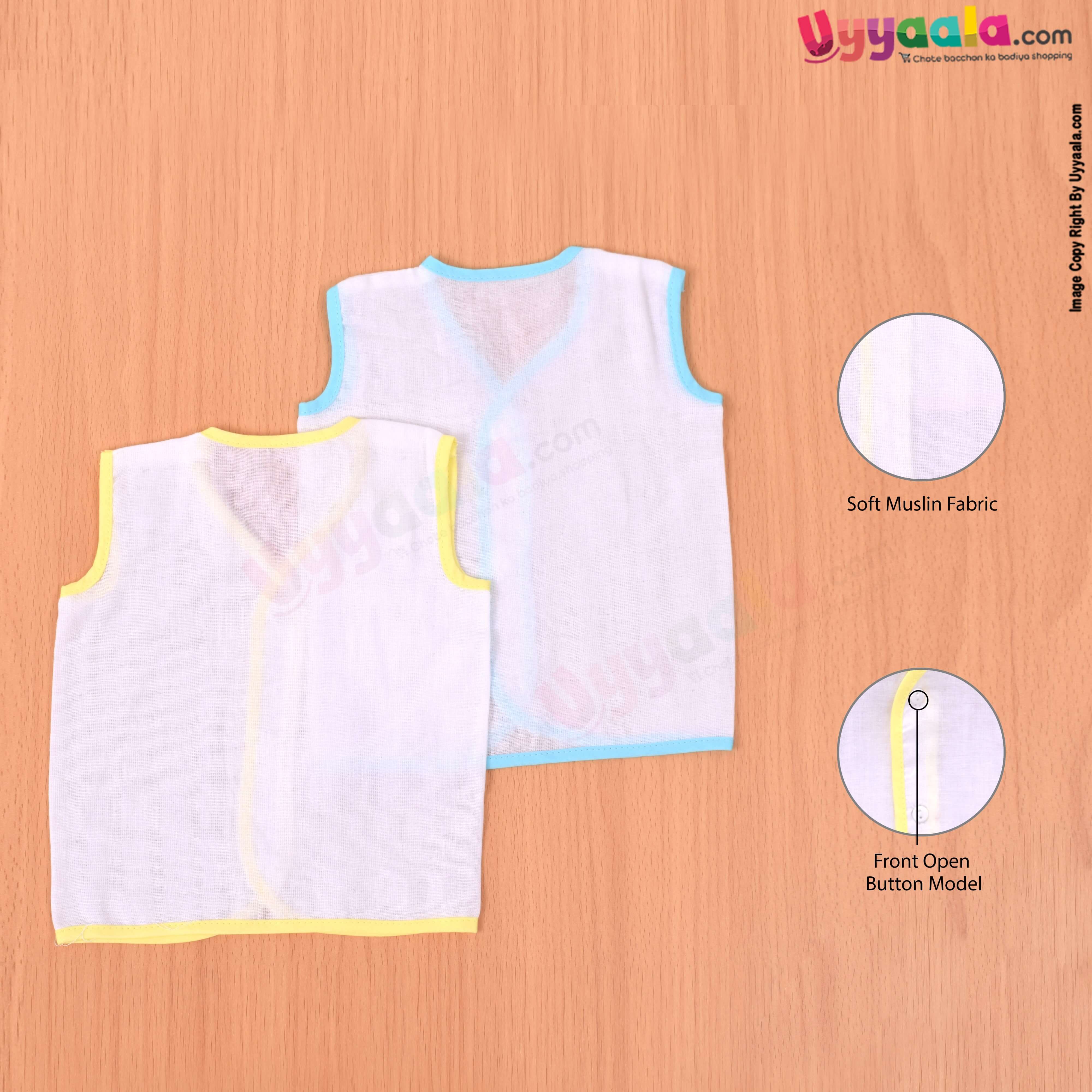 POLAR CUBS Sleeveless Baby Jabla Set, Front Opening Button Model, Premium Quality Muslin Cotton Baby Wear, 2 Pack - White with Yellow & Blue Borders