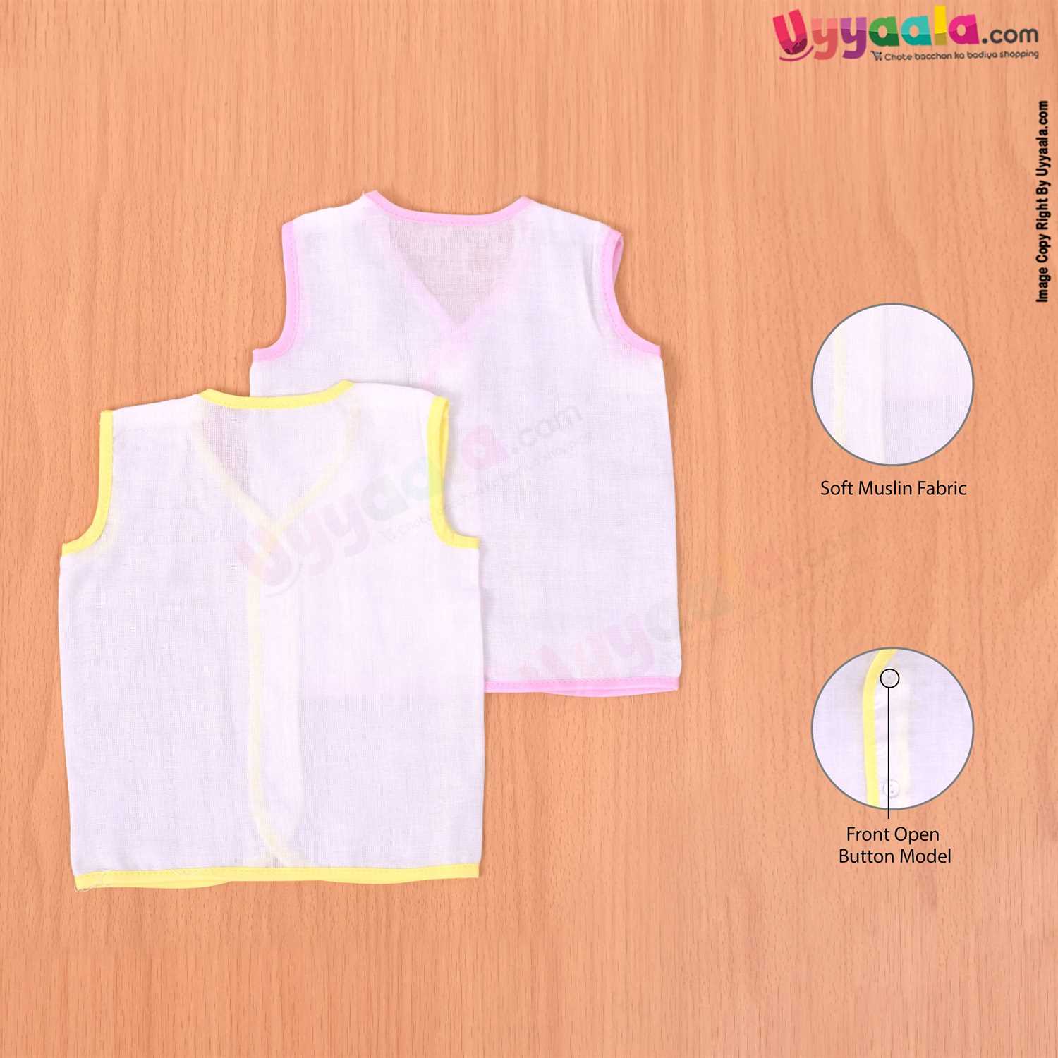 POLAR CUBS Sleeveless Baby Jabla Set, Front Opening Button Model, Premium Quality Muslin Cotton Baby Wear, 2 Pack - White with Yellow & Pink Borders
