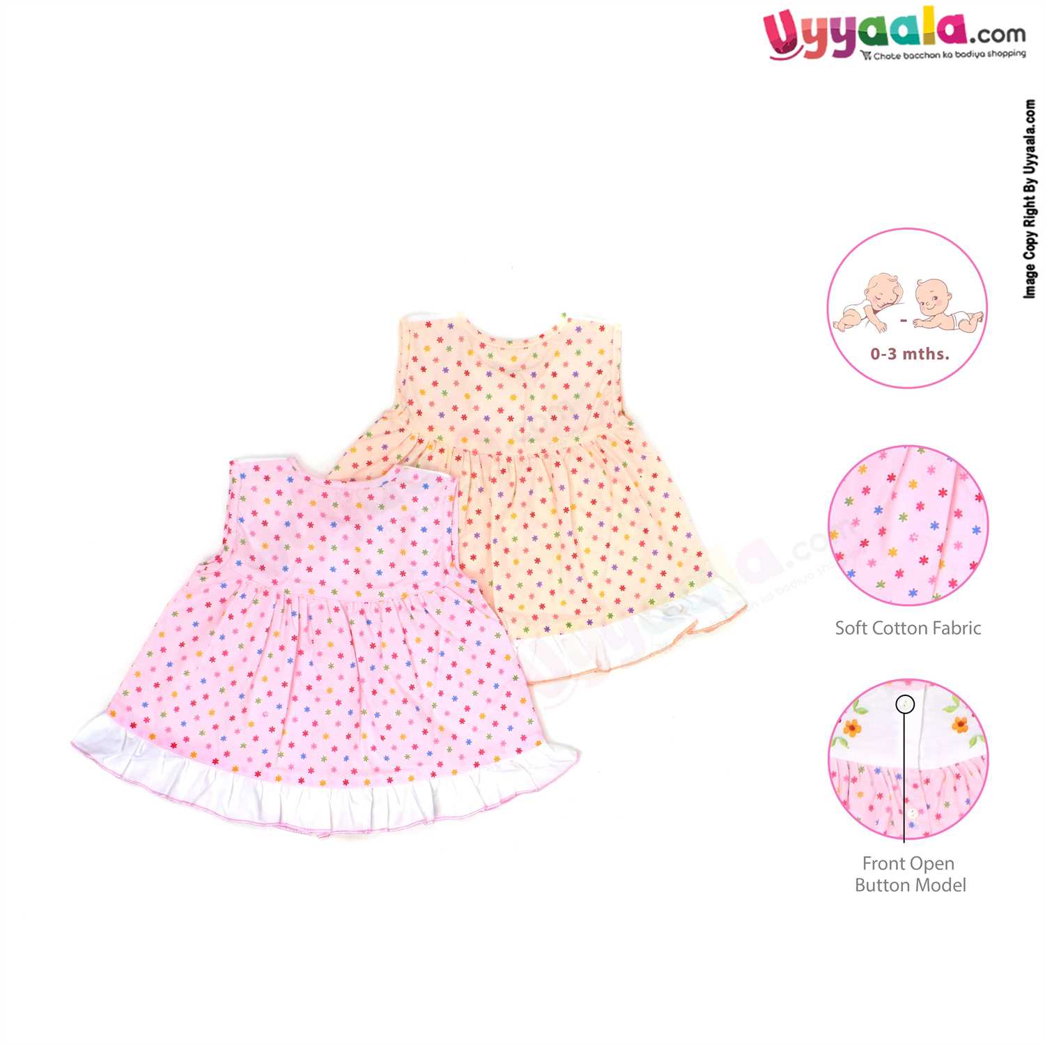 Half Sleeve Baby Frock Front Open Button Model, Premium Quality Cotton Flower Print 2 Pack - Pink & Peach (0-3M)
