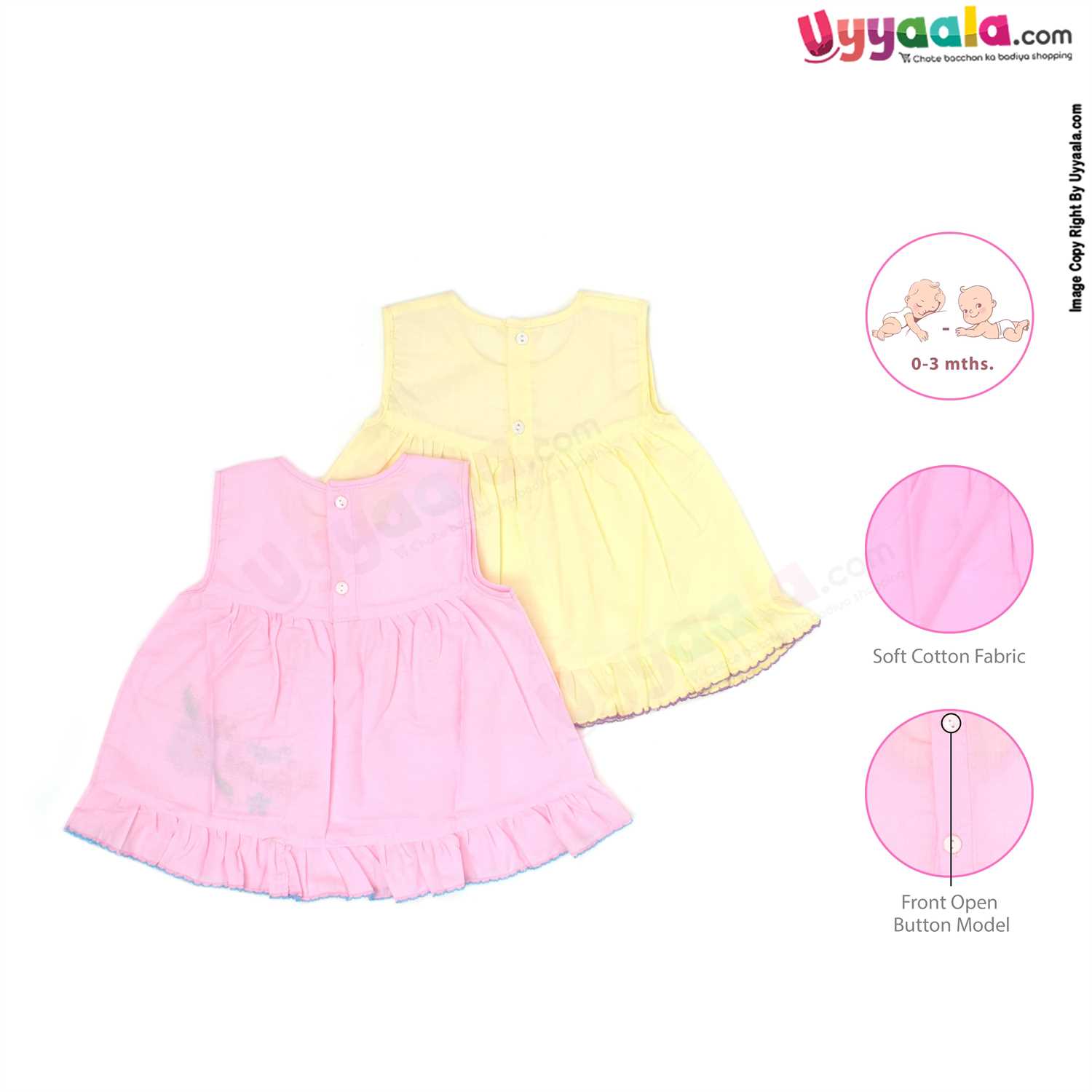 Half Sleeve Baby Frock Back Open Button model , Premium Quality Soft Hosiery Cotton Flower Print 2 Pack - Pink & Yellow (0-3M)