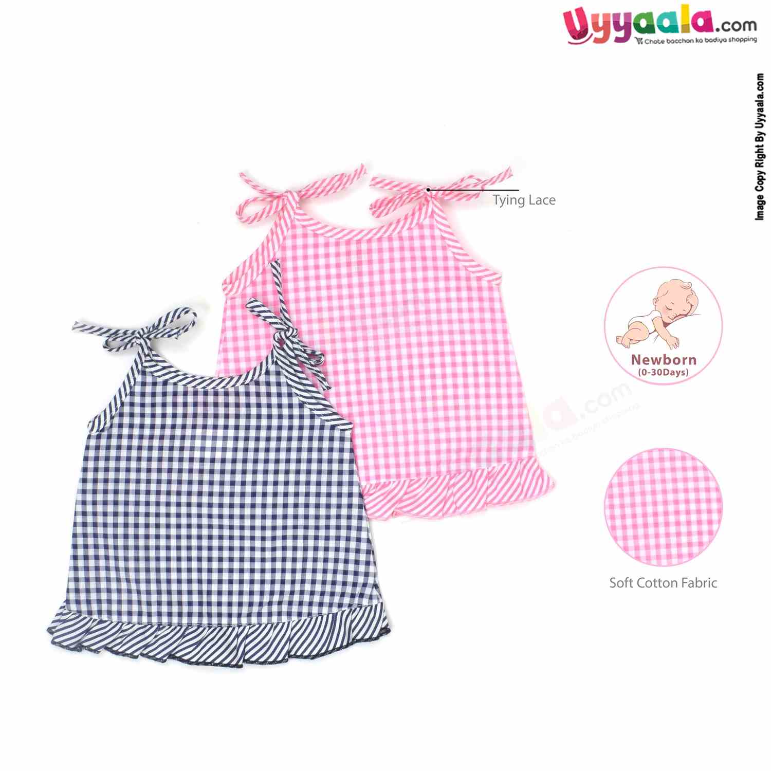 VOCAL BABY Sleeveless Newborn Baby Frock, Top Opening Tie Knot Lace Model, Premium Quality Cotton Baby Wear, Checks Print, Pink & Black - 2 Pack