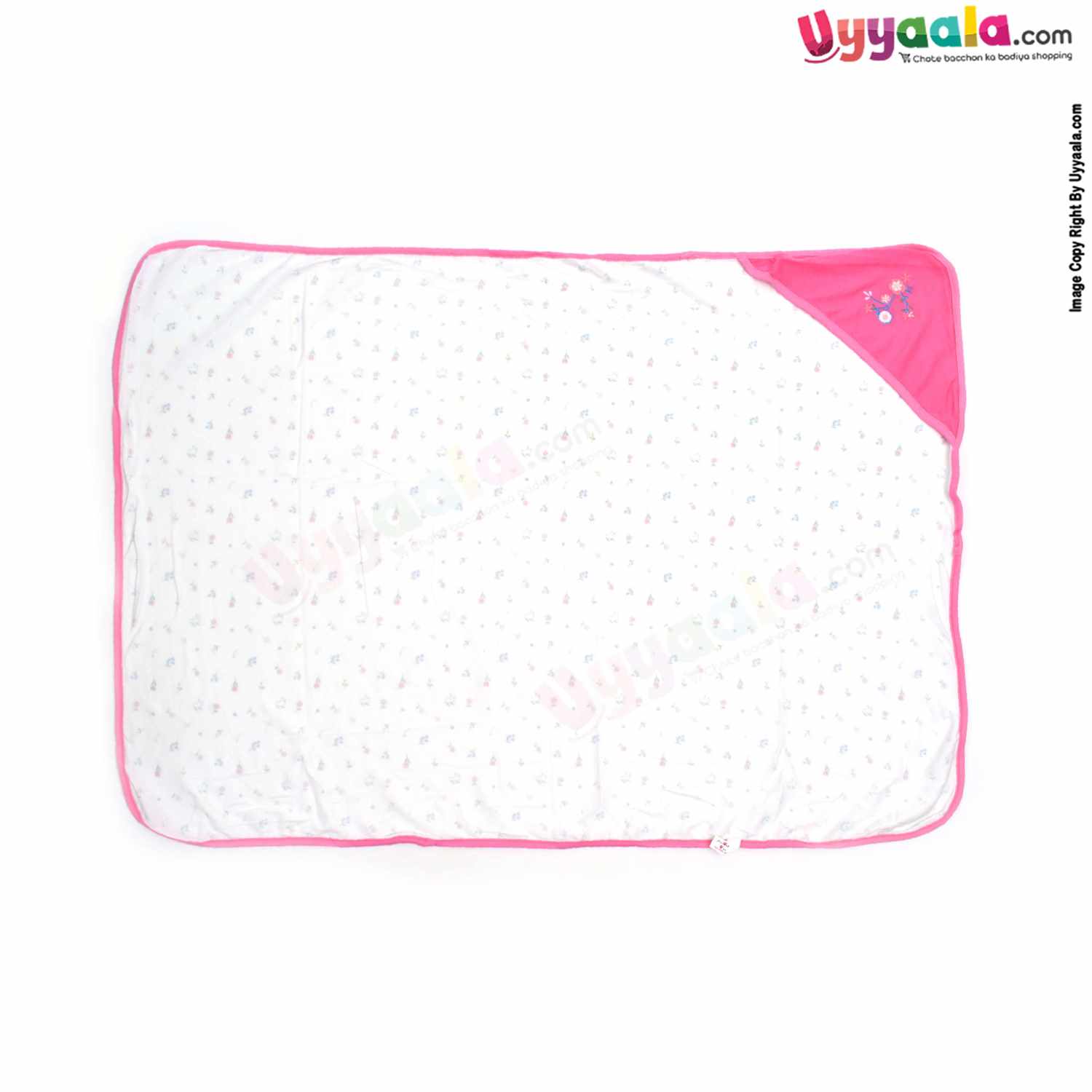 Cotton Hosiery Hooded Towel for Babies with Floral Print 1pc 0+m Age, Size (75*72Cm)- Pink & White