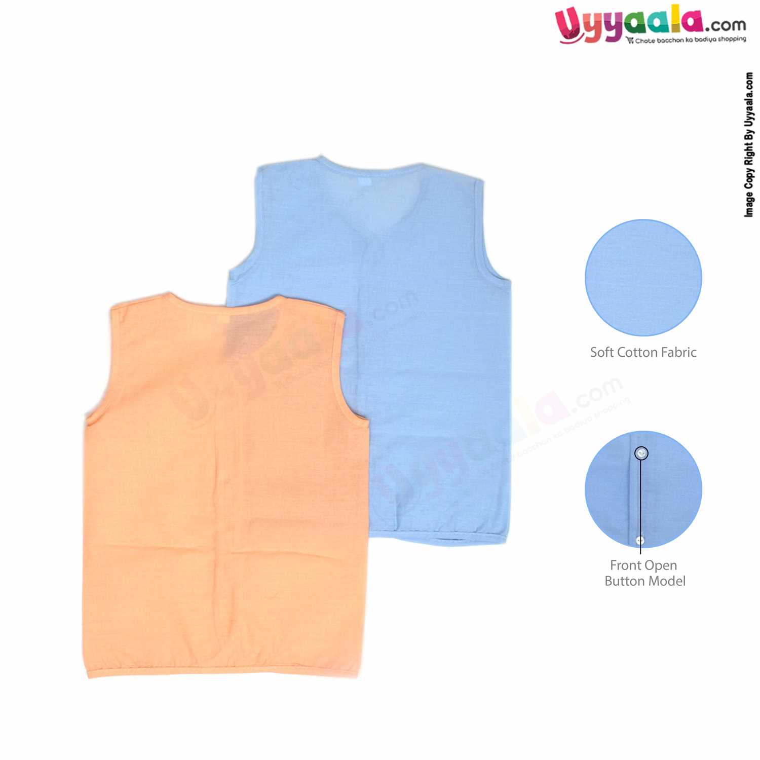 POLAR CUBS Sleeveless Baby Jabla Set, Front Opening Button Model, Premium Quality Cotton Baby Wear, (6-12M) XL, 2Pack - Orange & Blue